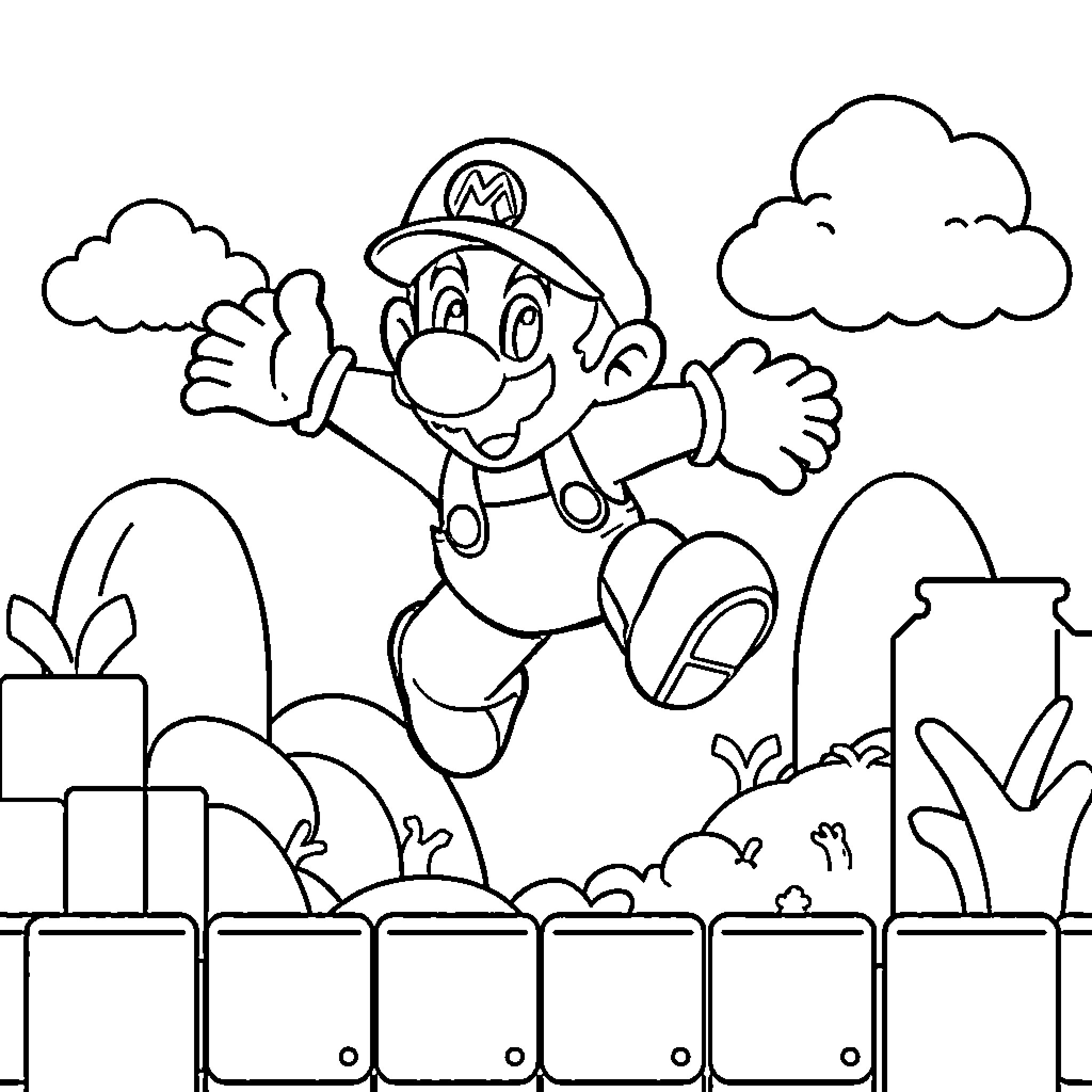 Mario Jumping Joyfully in Animated Landscape Coloring Page (free black-and-white line drawing printable PDF for all, from beginners to advanced learners, including children, teens, adults, and seniors)