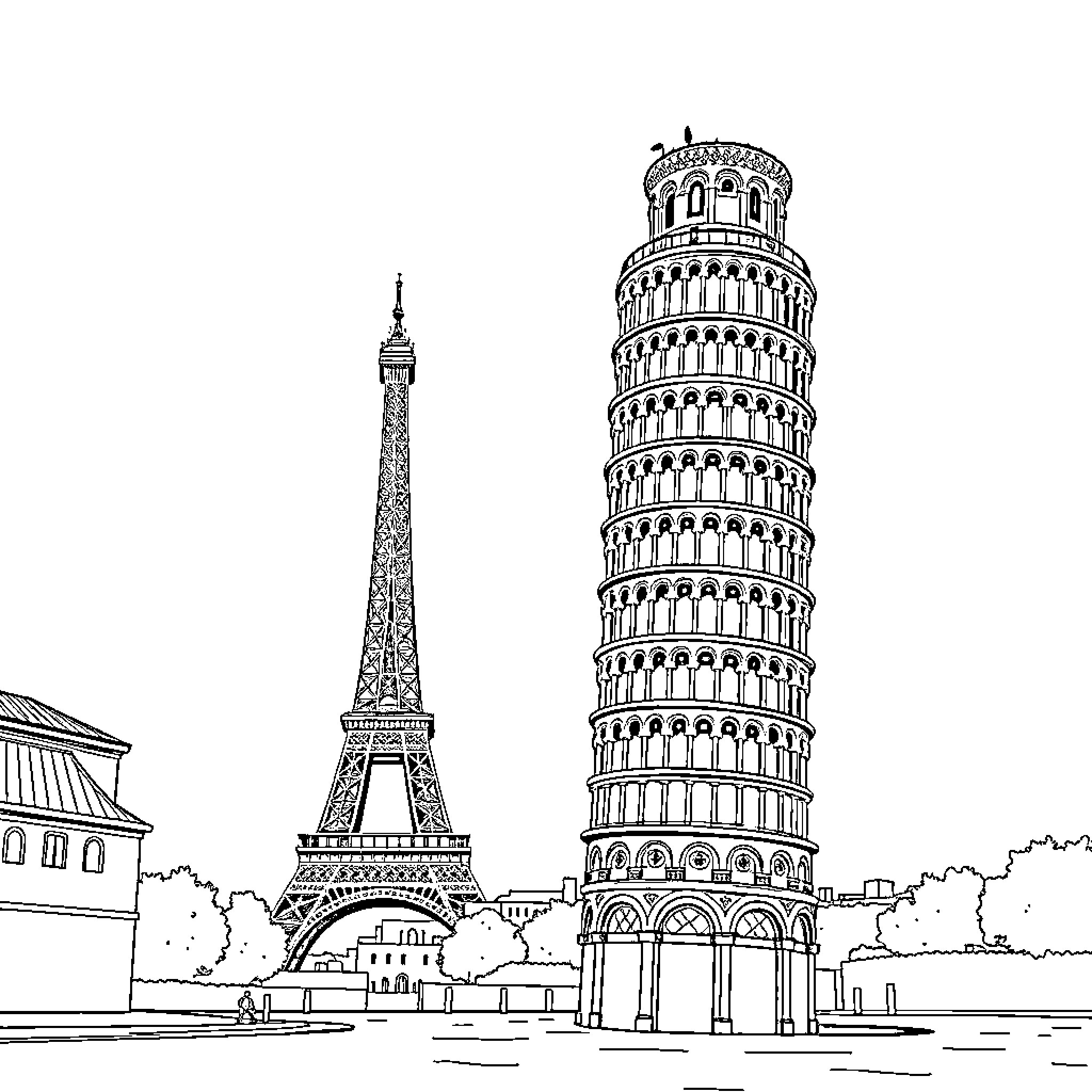 Tower of Pisa and Eiffel Tower in scenic landscape Coloring Page (free black-and-white line drawing printable PDF for all, from beginners to advanced learners, including children, teens, adults, and seniors)