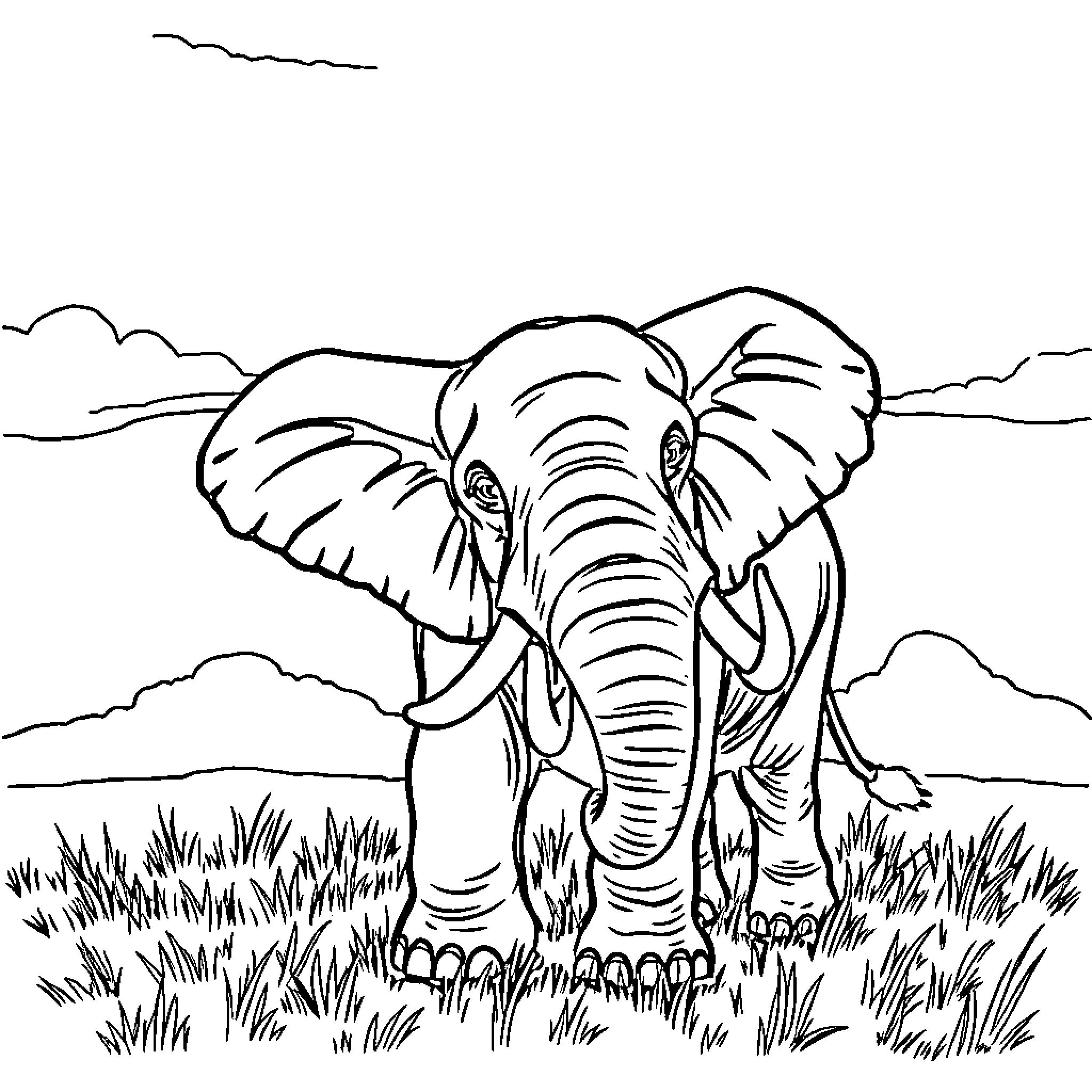 Elephant walking through the grassland Coloring Page (free black-and-white line drawing printable PDF for all, from beginners to advanced learners, including children, teens, adults, and seniors)