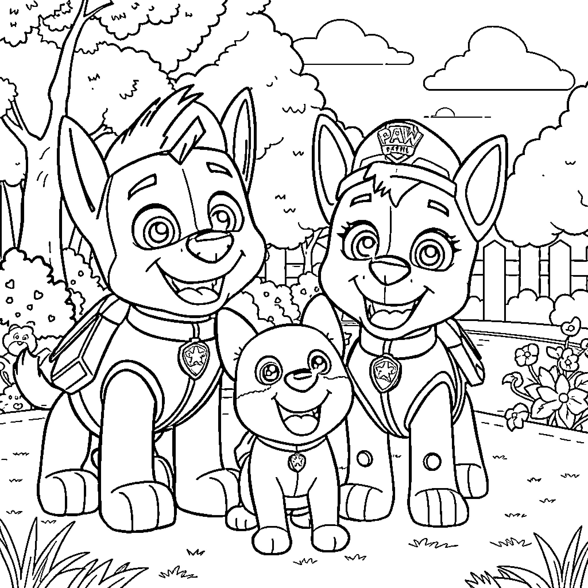 Chase the pups on their outdoor adventure Coloring Page (free black-and-white line drawing printable PDF for all, from beginners to advanced learners, including children, teens, adults, and seniors)