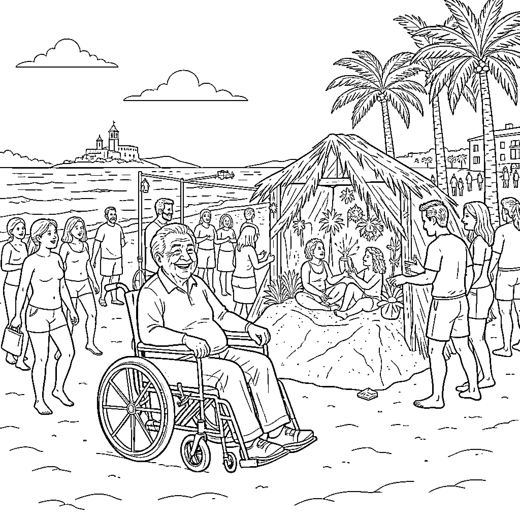 Persona Mayor Enjoying Outdoor Gathering on the Beach Coloring Page (free black-and-white line drawing printable PDF for all, from beginners to advanced learners, including children, teens, adults, and seniors)