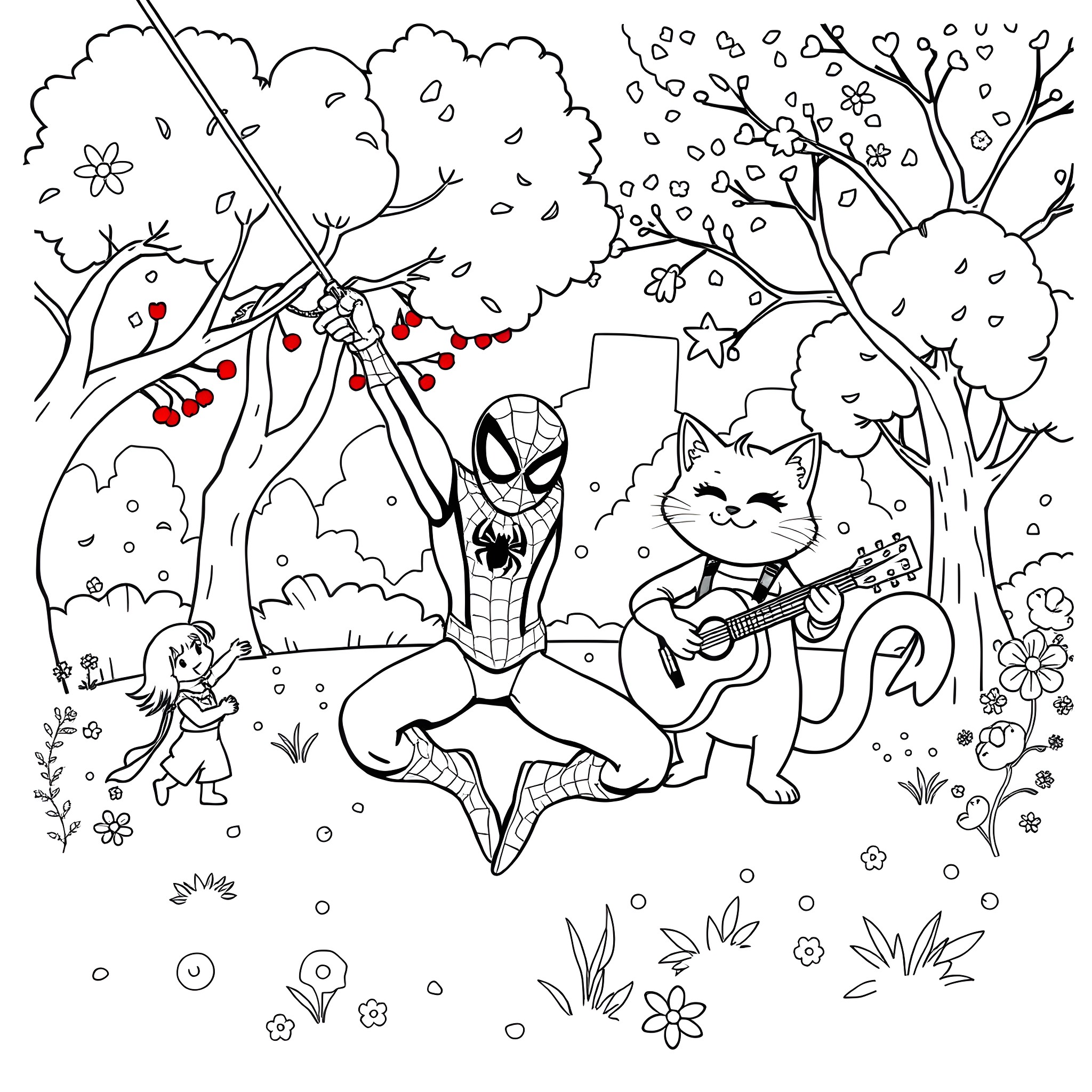 Spiderman adventures with friendly animals in enchanting forest Coloring Page (free black-and-white line drawing printable PDF for all, from beginners to advanced learners, including children, teens, adults, and seniors)