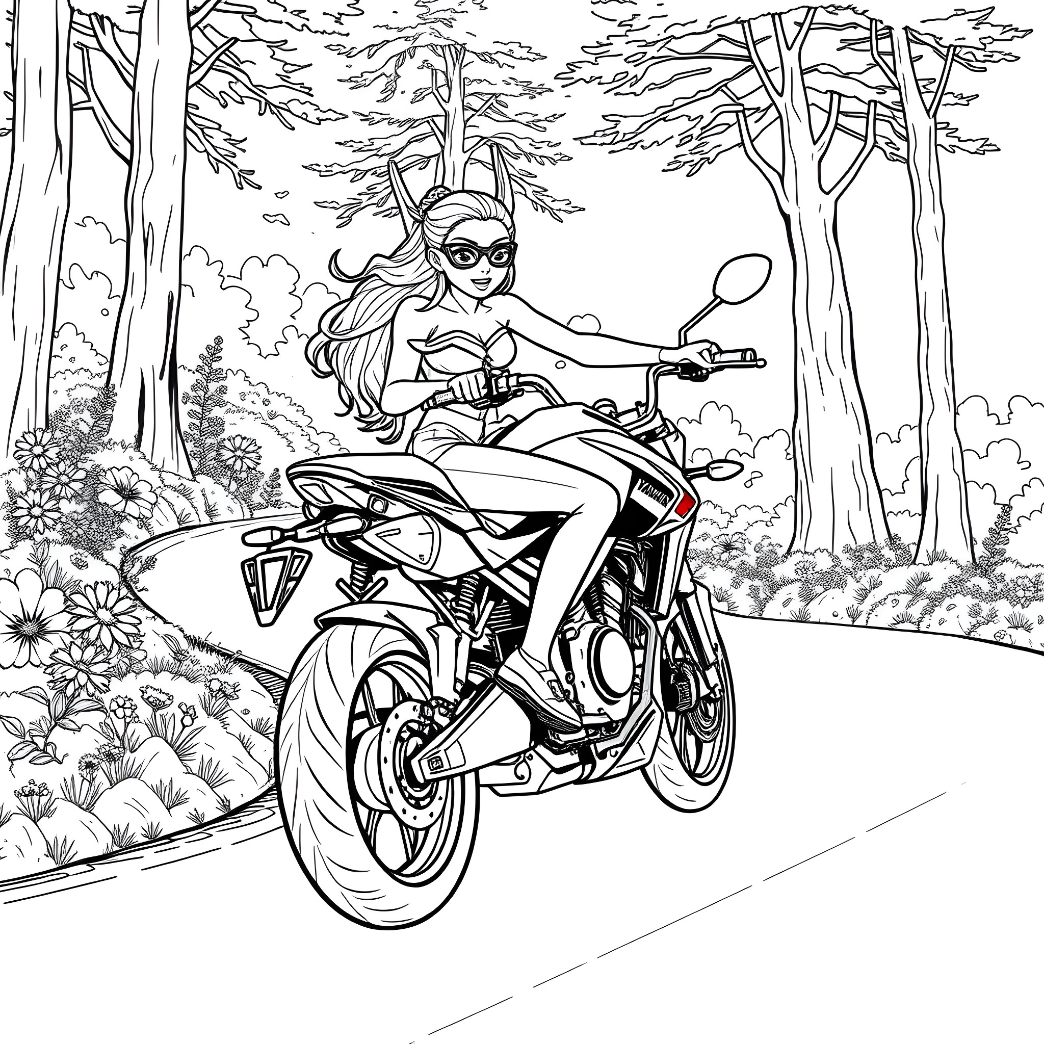 Ariel speeding through the forest on a motorcycle Coloring Page (free black-and-white line drawing printable PDF for all, from beginners to advanced learners, including children, teens, adults, and seniors)