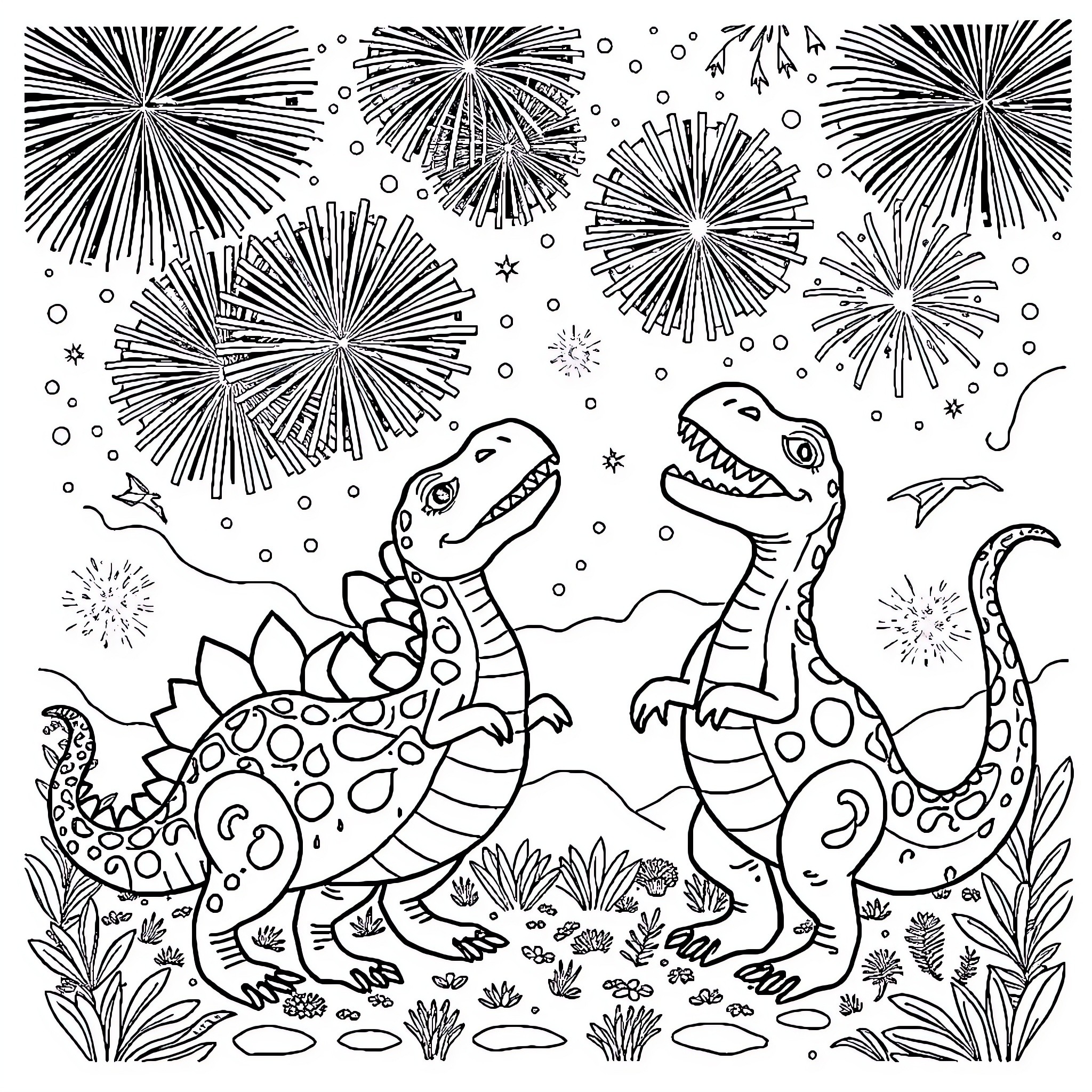 Dinosaur playing under the fireworks display Coloring Page (free black-and-white line drawing printable PDF for all, from beginners to advanced learners, including children, teens, adults, and seniors)