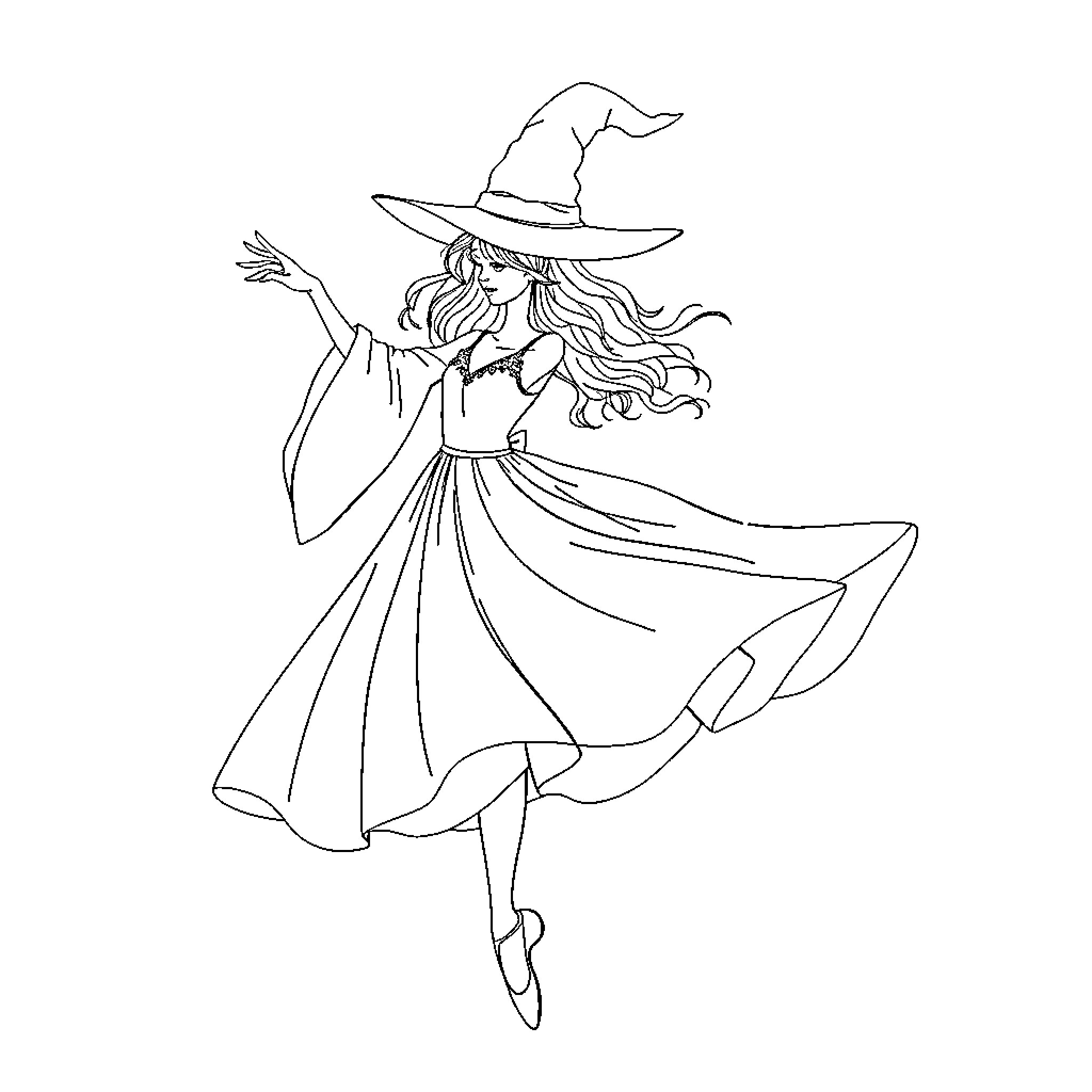 Ballerina witch dancing gracefully in costume Coloring Page (free black-and-white line drawing printable PDF for all, from beginners to advanced learners, including children, teens, adults, and seniors)