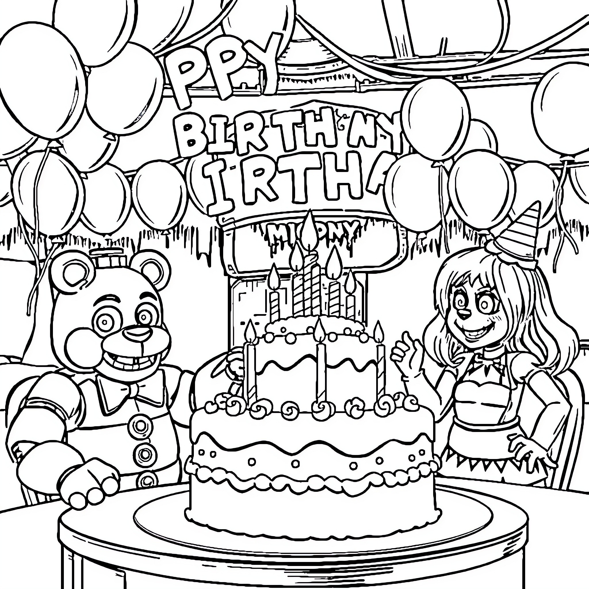 Five Nights At Freddy's Birthday Party Scene Coloring Page (free black-and-white line drawing printable PDF for all, from beginners to advanced learners, including children, teens, adults, and seniors)