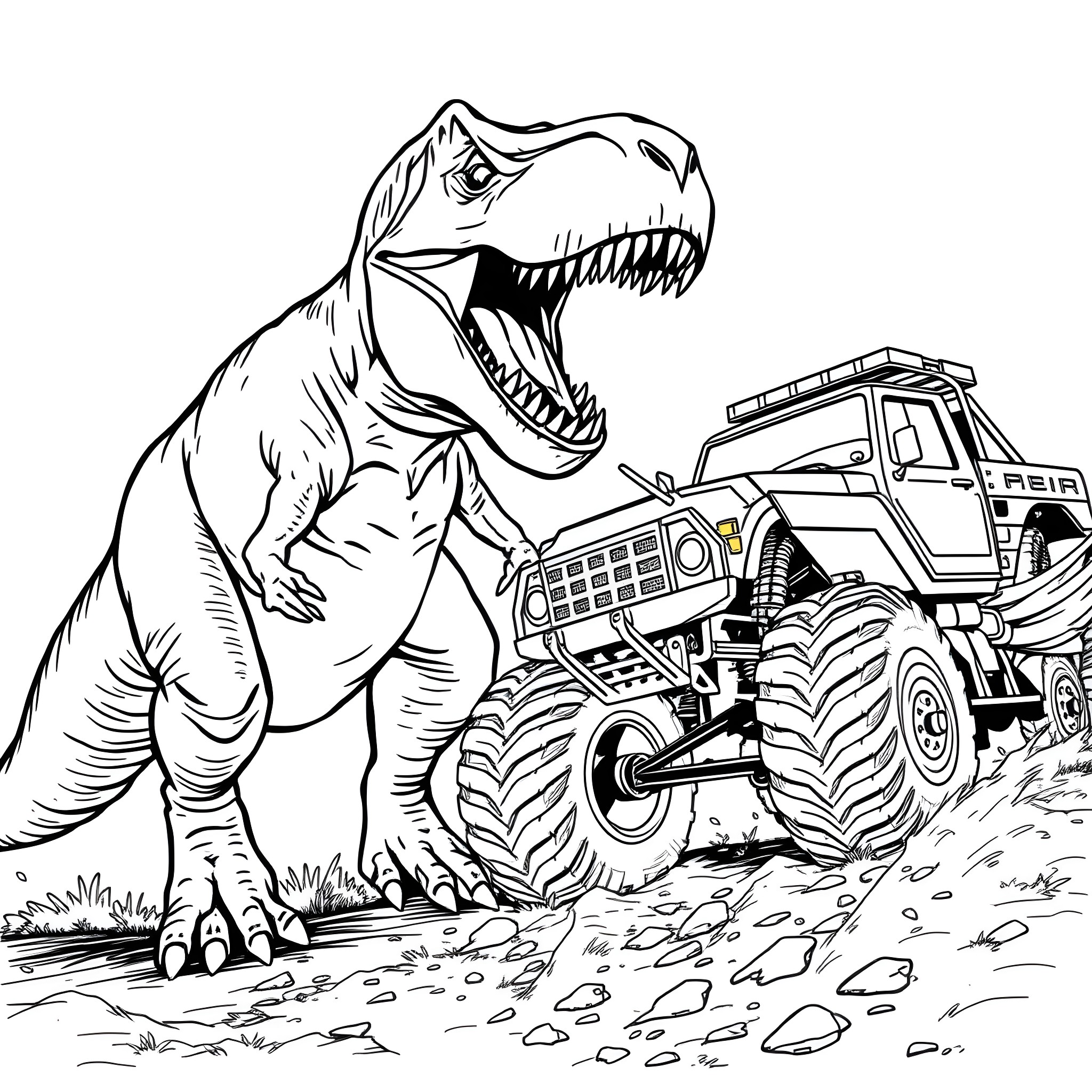 Trex chasing monster truck in the wild Coloring Page (free black-and-white line drawing printable PDF for all, from beginners to advanced learners, including children, teens, adults, and seniors)
