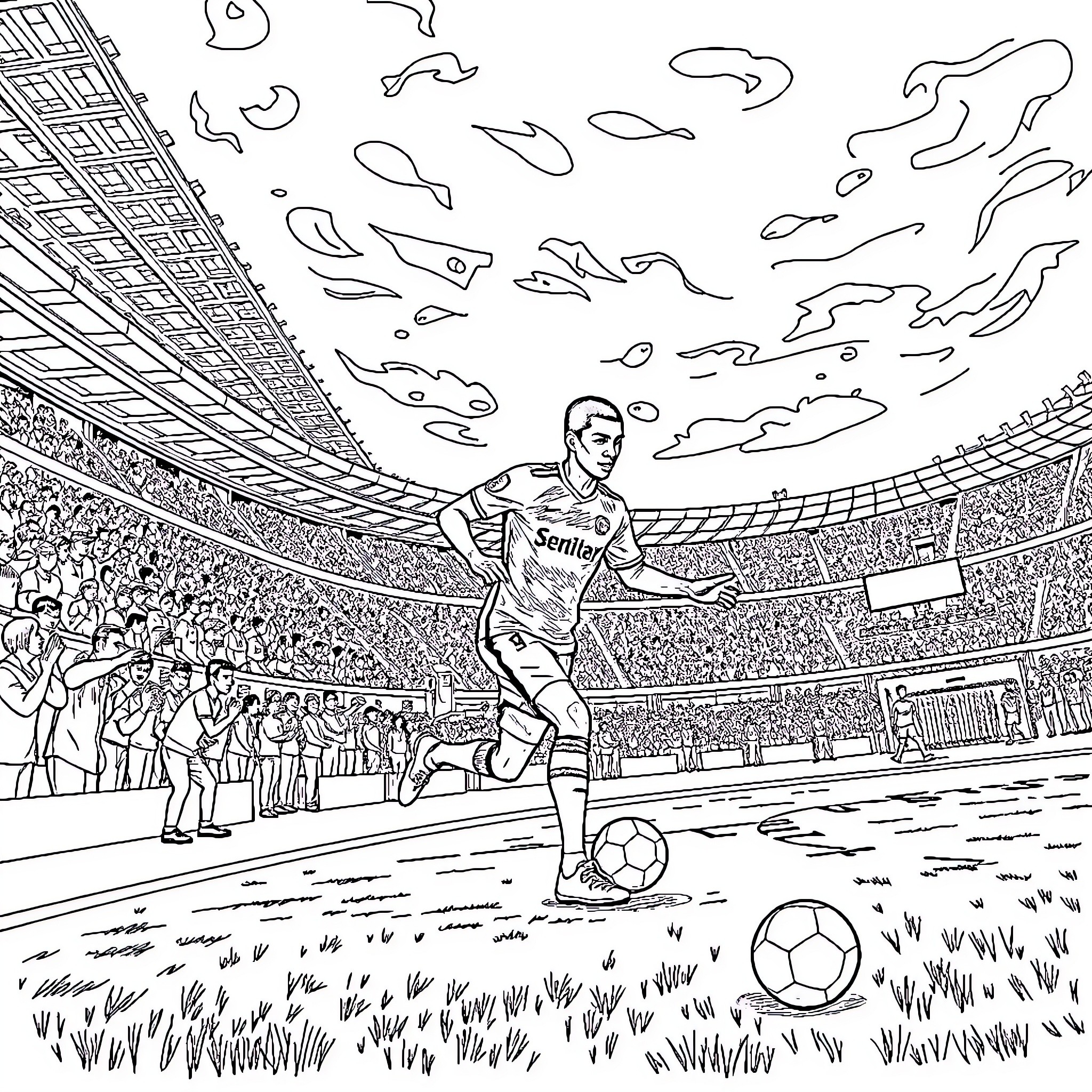 Football Player Scoring a Goal in Stadium Coloring Page (free black-and-white line drawing printable PDF for all, from beginners to advanced learners, including children, teens, adults, and seniors)