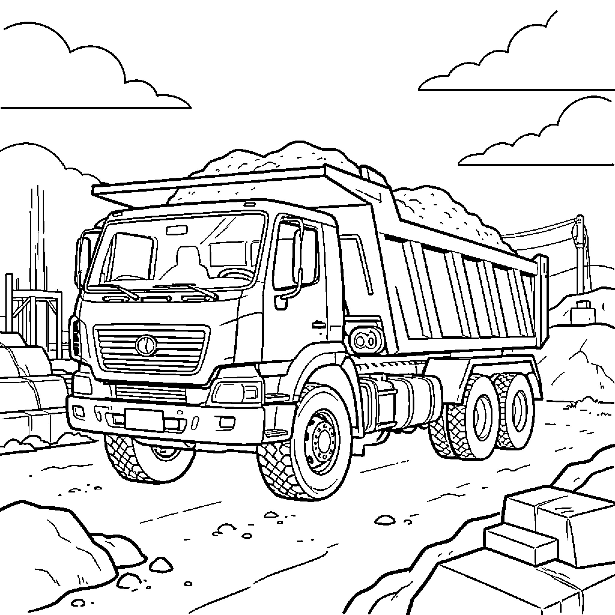 Dump Truck hauling heavy materials at a construction site Coloring Page (free black-and-white line drawing printable PDF for all, from beginners to advanced learners, including children, teens, adults, and seniors)