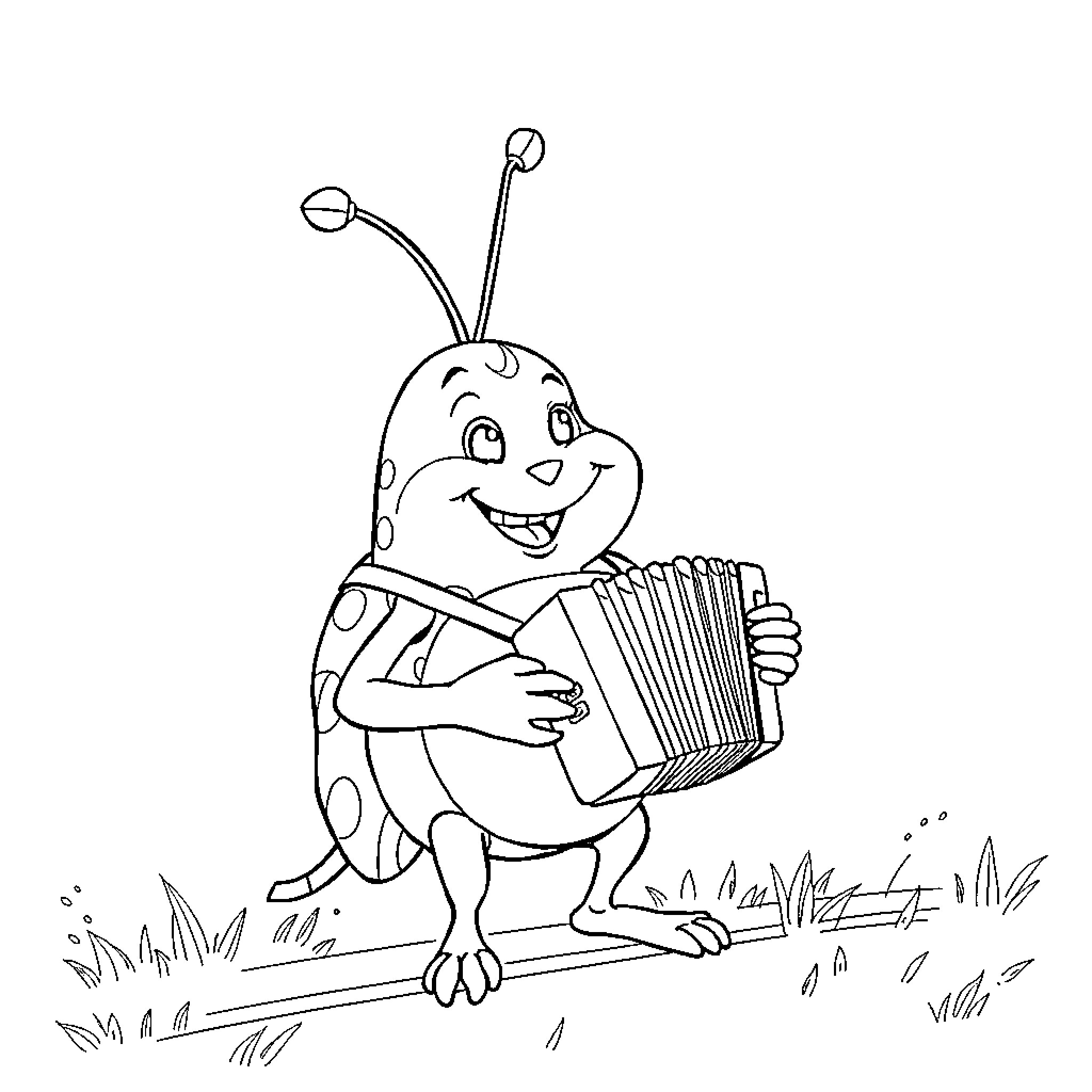 Marcus the happy ladybug playing the accordion Coloring Page (free black-and-white line drawing printable PDF for all, from beginners to advanced learners, including children, teens, adults, and seniors)