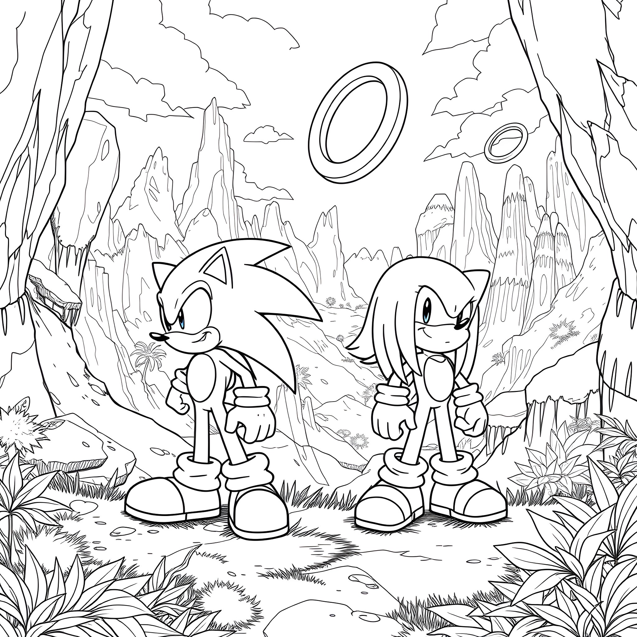 Sonic and Tails exploring the fantastical landscape Coloring Page (free black-and-white line drawing printable PDF for all, from beginners to advanced learners, including children, teens, adults, and seniors)