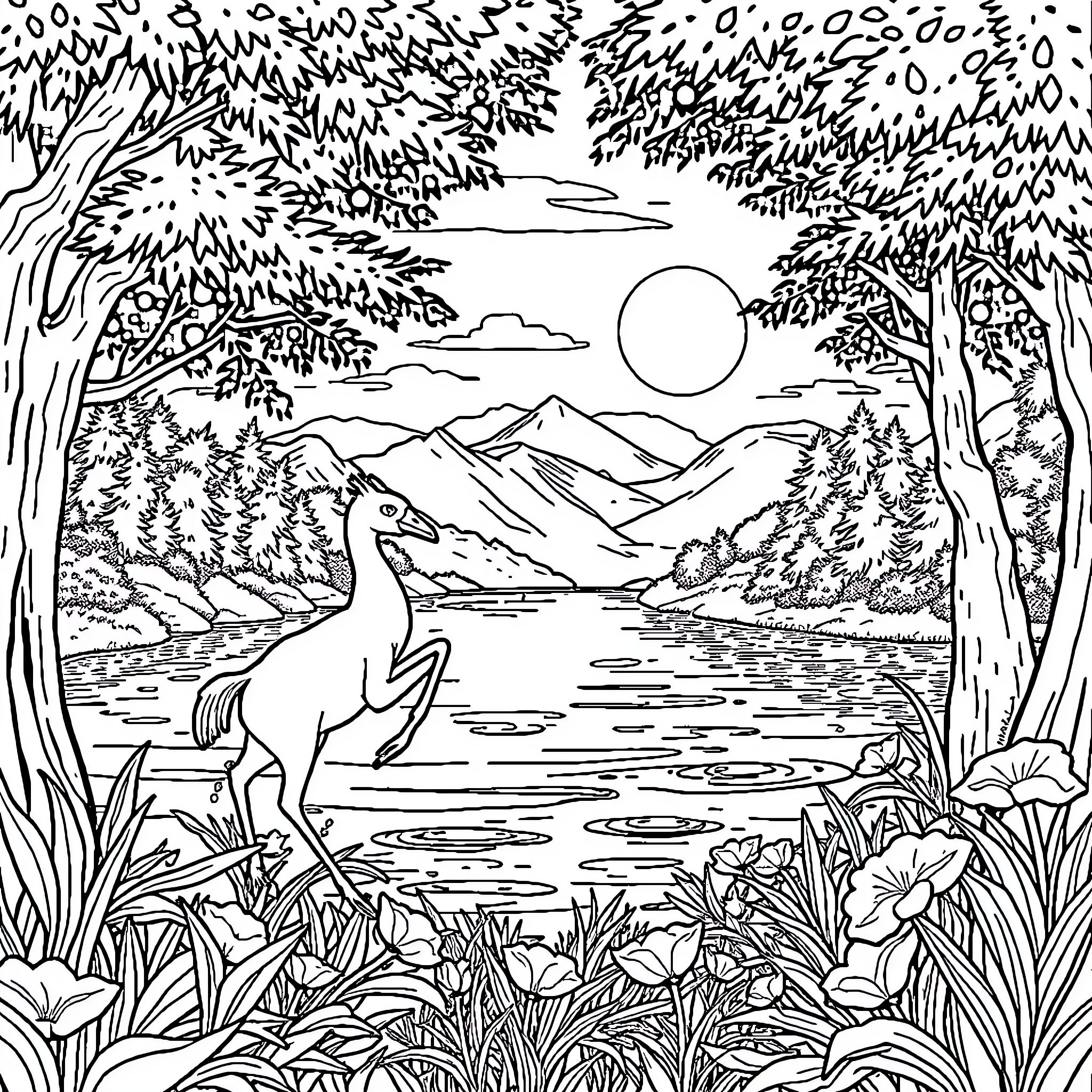 Capybara enjoying serene lakeside scenery Coloring Page (free black-and-white line drawing printable PDF for all, from beginners to advanced learners, including children, teens, adults, and seniors)