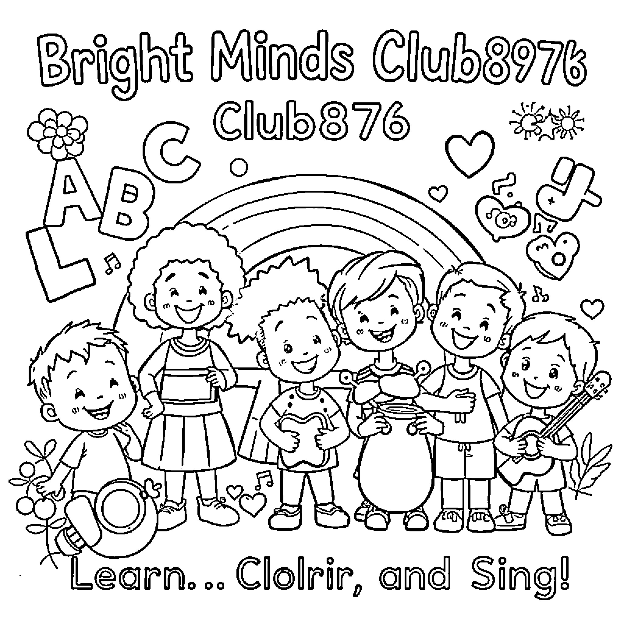 Kids happily learning, coloring, and singing together Coloring Page (free black-and-white line drawing printable PDF for all, from beginners to advanced learners, including children, teens, adults, and seniors)