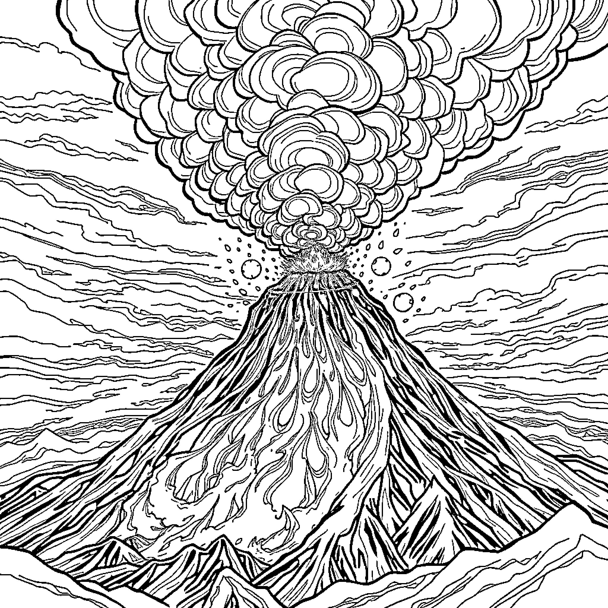 Volcano erupting with dramatic cloud formations Coloring Page (free black-and-white line drawing printable PDF for all, from beginners to advanced learners, including children, teens, adults, and seniors)
