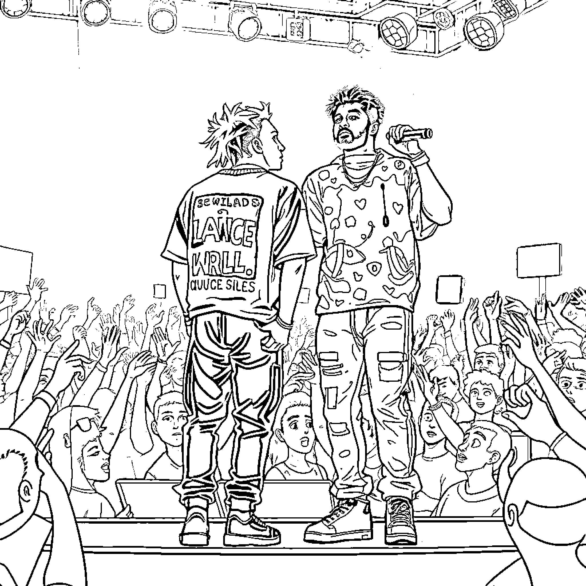 Xxxtentacion performs at a lively concert with fans Coloring Page (free black-and-white line drawing printable PDF for all, from beginners to advanced learners, including children, teens, adults, and seniors)