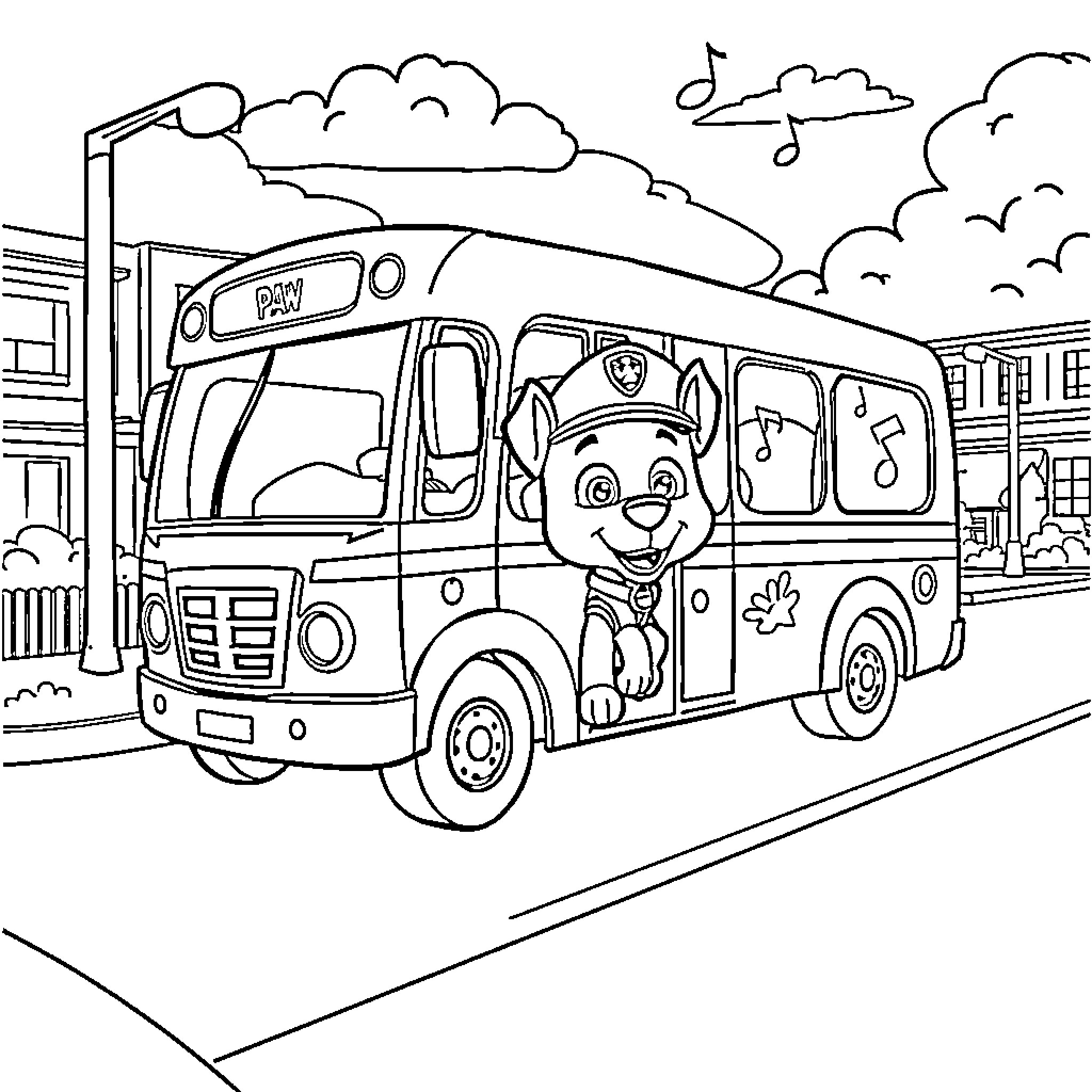 Paw Patrol bus traversing through town Coloring Page (free black-and-white line drawing printable PDF for all, from beginners to advanced learners, including children, teens, adults, and seniors)