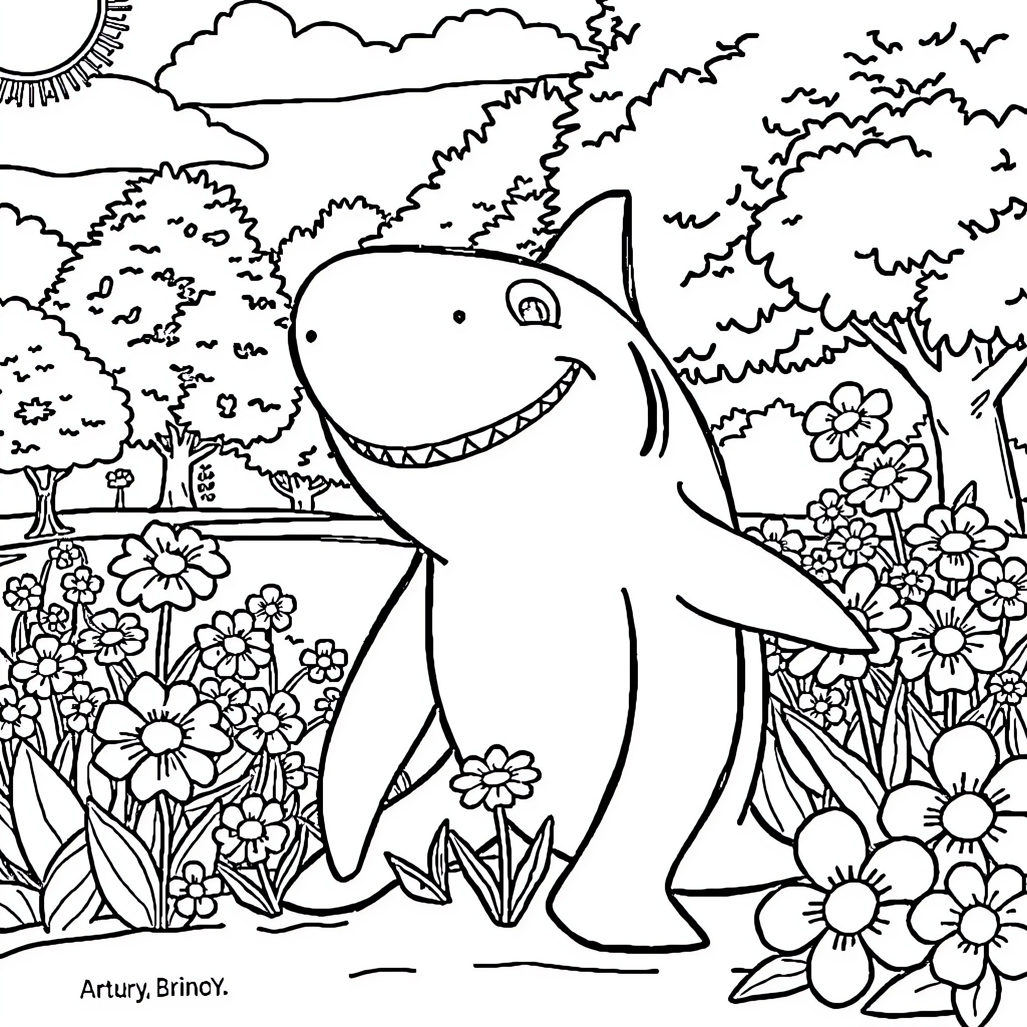 Shark enjoying nature's beauty Coloring Page (free black-and-white line drawing printable PDF for all, from beginners to advanced learners, including children, teens, adults, and seniors)