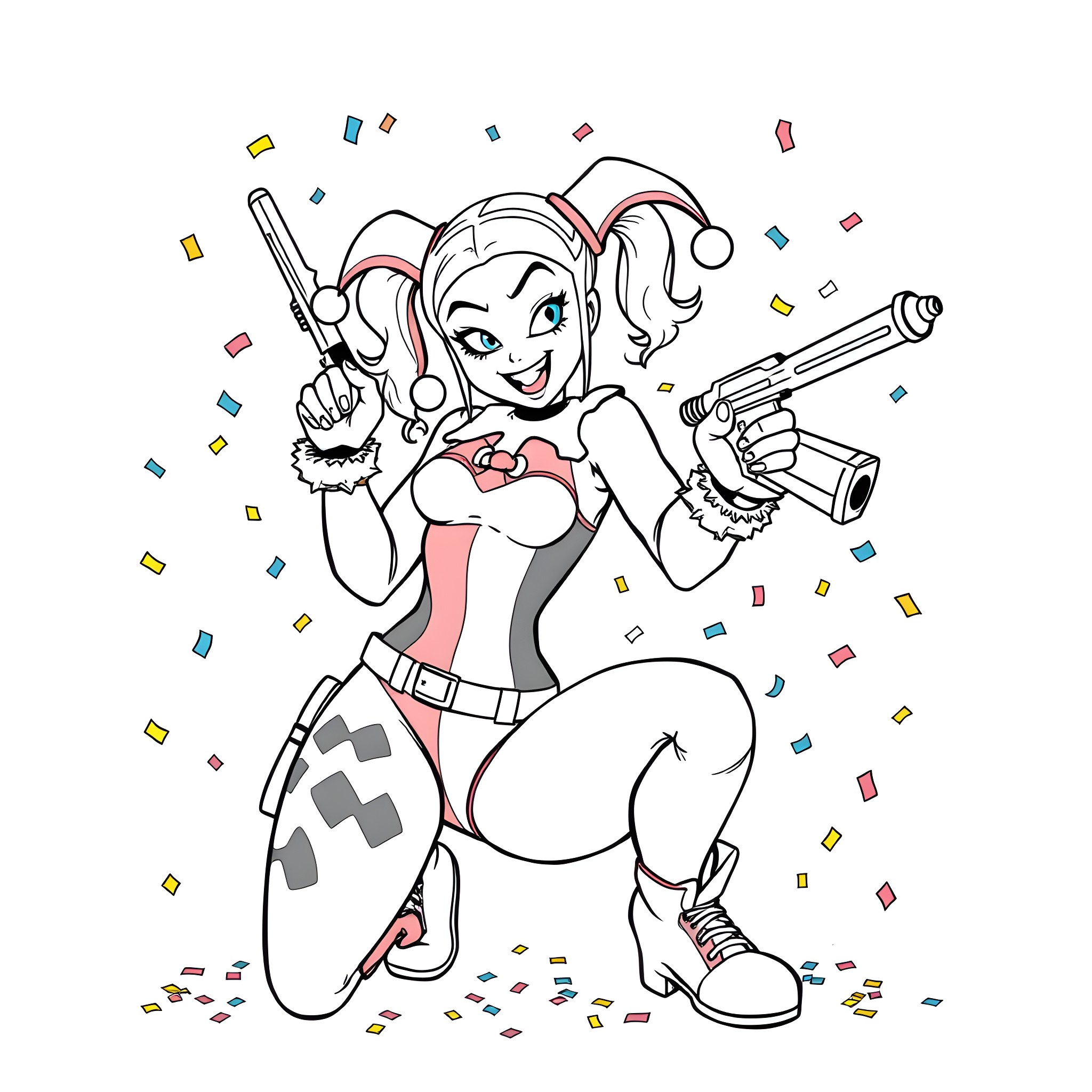 Harley Quinn's Festive Chaos Coloring Page (free black-and-white line drawing printable PDF for all, from beginners to advanced learners, including children, teens, adults, and seniors)