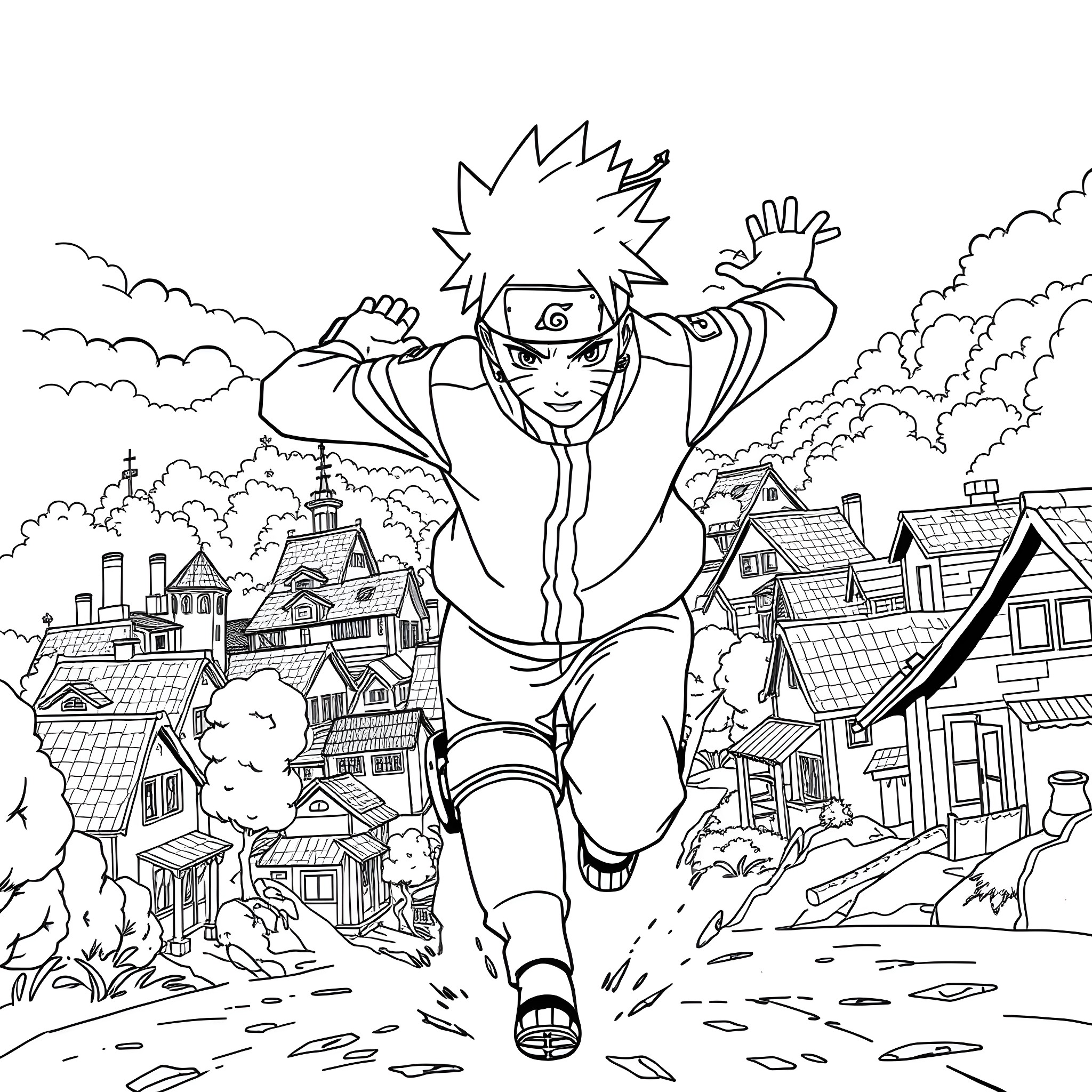 Naruto Ninja in Action Packed Scene Coloring Page (free black-and-white line drawing printable PDF for all, from beginners to advanced learners, including children, teens, adults, and seniors)