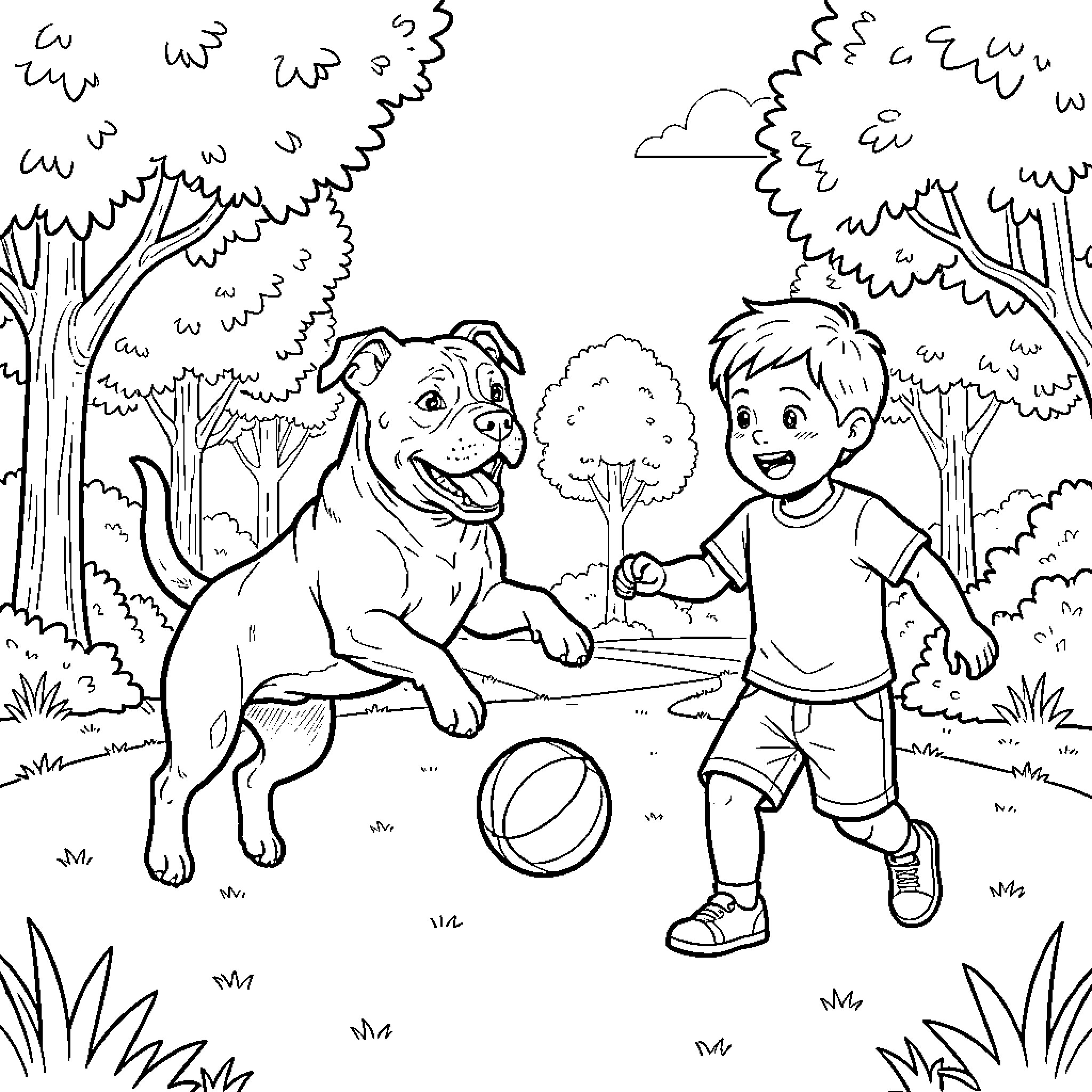 Perro jugando con niño en el parque Coloring Page (free black-and-white line drawing printable PDF for all, from beginners to advanced learners, including children, teens, adults, and seniors)