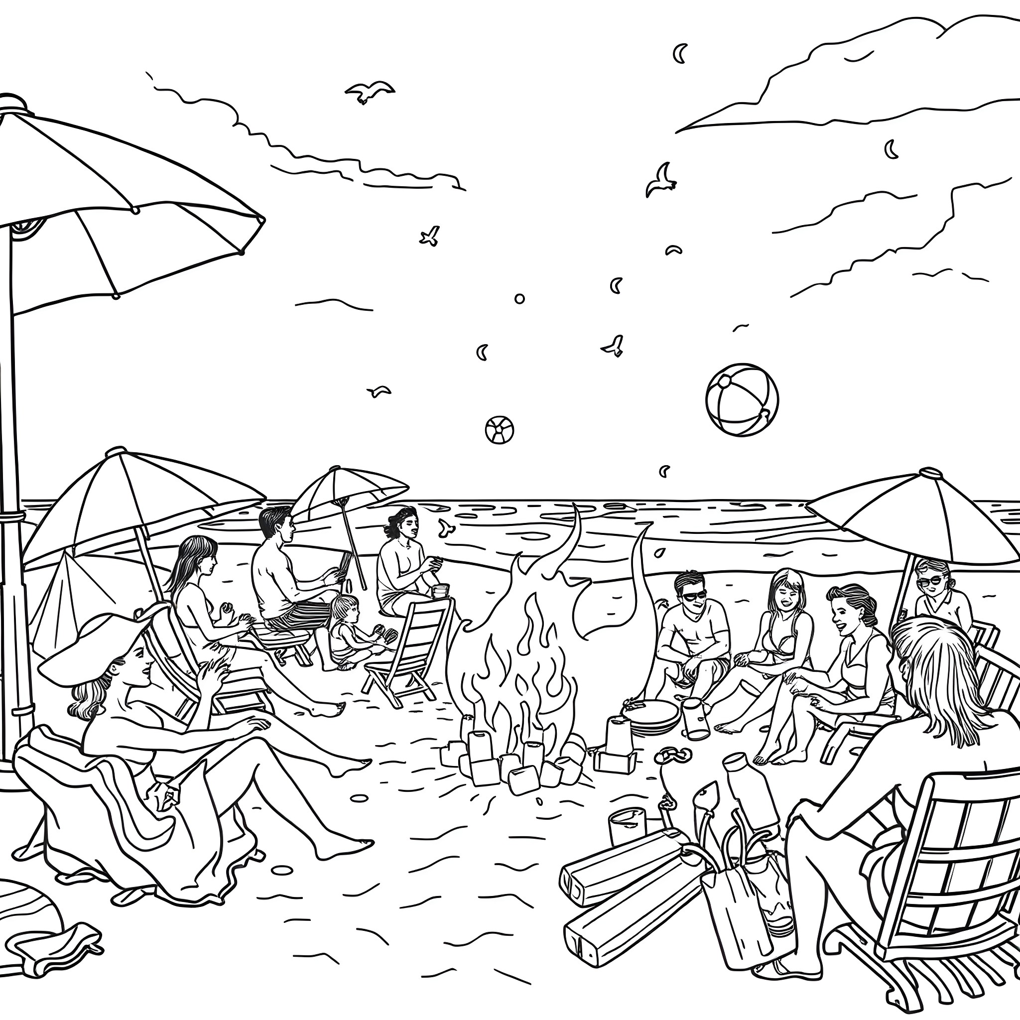 Beach scene with people enjoying leisure activities Coloring Page (free black-and-white line drawing printable PDF for all, from beginners to advanced learners, including children, teens, adults, and seniors)