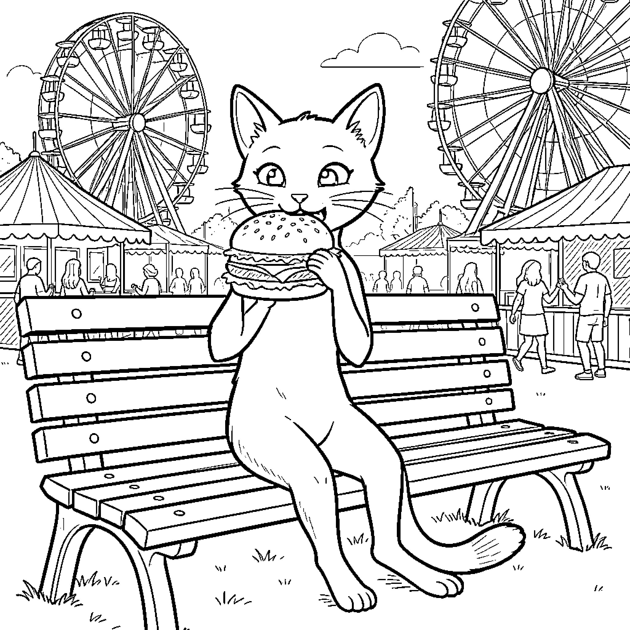 Cat Enjoying a Carnival Scene Coloring Page (free black-and-white line drawing printable PDF for all, from beginners to advanced learners, including children, teens, adults, and seniors)