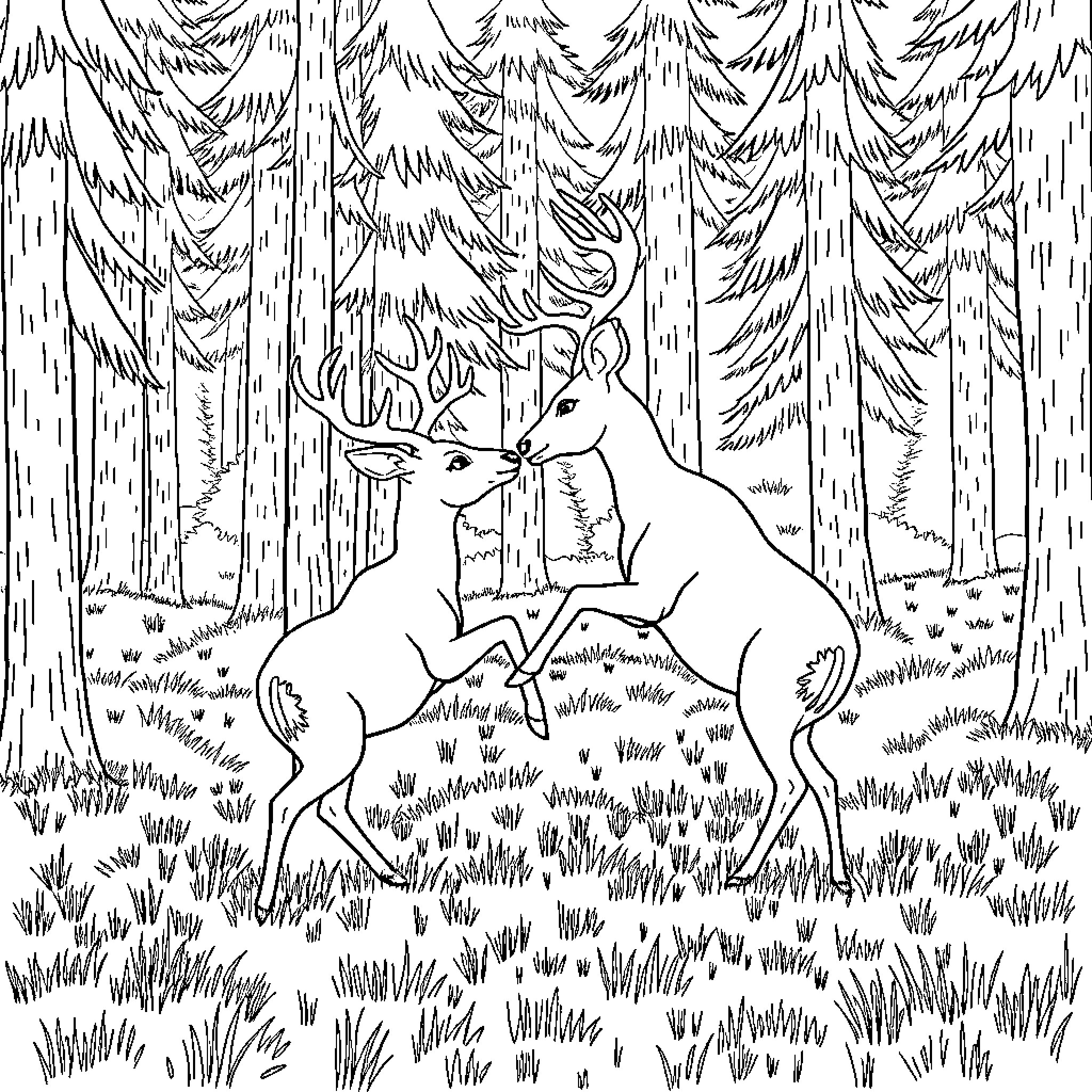 Deer resting in the tranquil forest Coloring Page (free black-and-white line drawing printable PDF for all, from beginners to advanced learners, including children, teens, adults, and seniors)