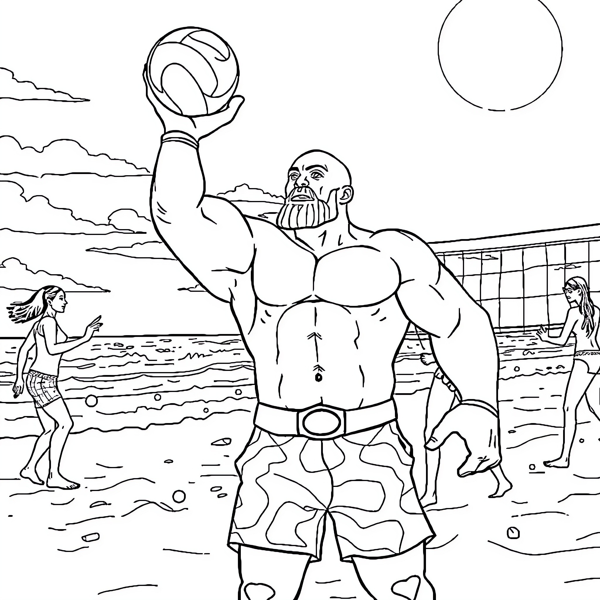 Thanos playing volleyball on the beach Coloring Page (free black-and-white line drawing printable PDF for all, from beginners to advanced learners, including children, teens, adults, and seniors)