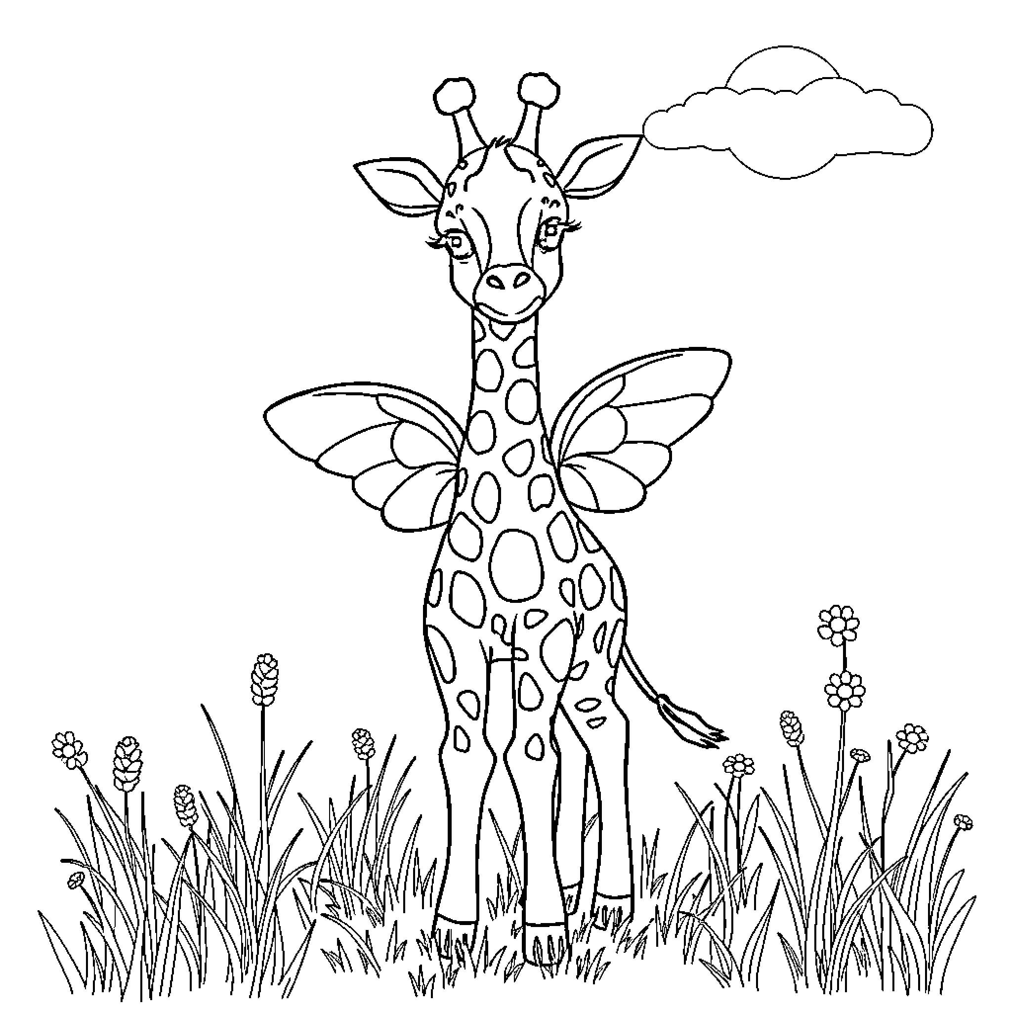 Giraffe with butterfly wings in a meadow Coloring Page (free black-and-white line drawing printable PDF for all, from beginners to advanced learners, including children, teens, adults, and seniors)