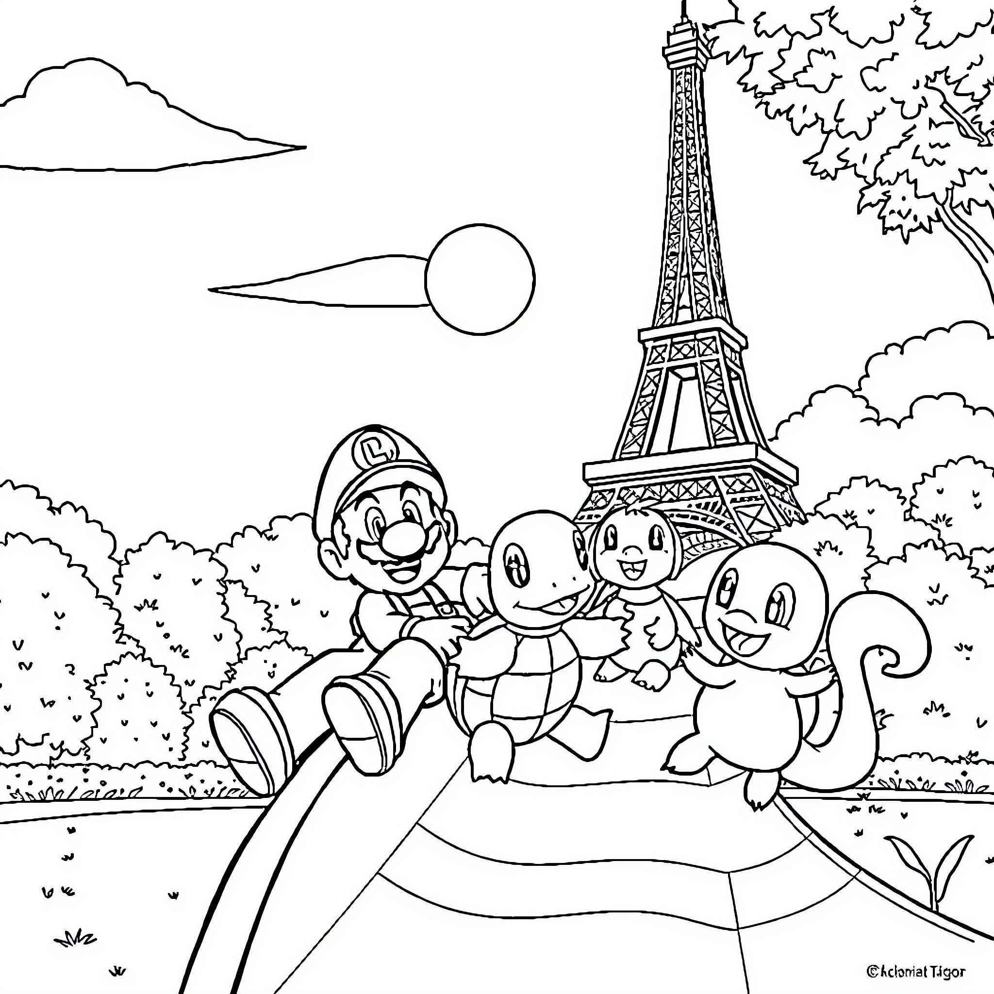 Eiffel Tower and Mario characters in a scenic landscape Coloring Page (free black-and-white line drawing printable PDF for all, from beginners to advanced learners, including children, teens, adults, and seniors)