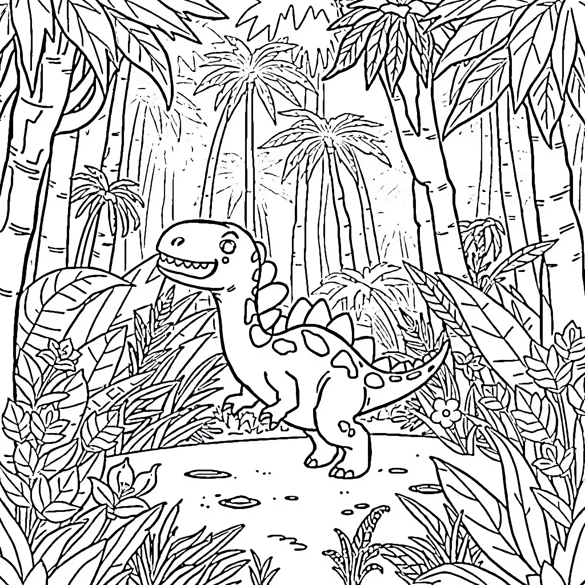 Dinosaur in a Lush Jungle Landscape Coloring Page (free black-and-white line drawing printable PDF for all, from beginners to advanced learners, including children, teens, adults, and seniors)