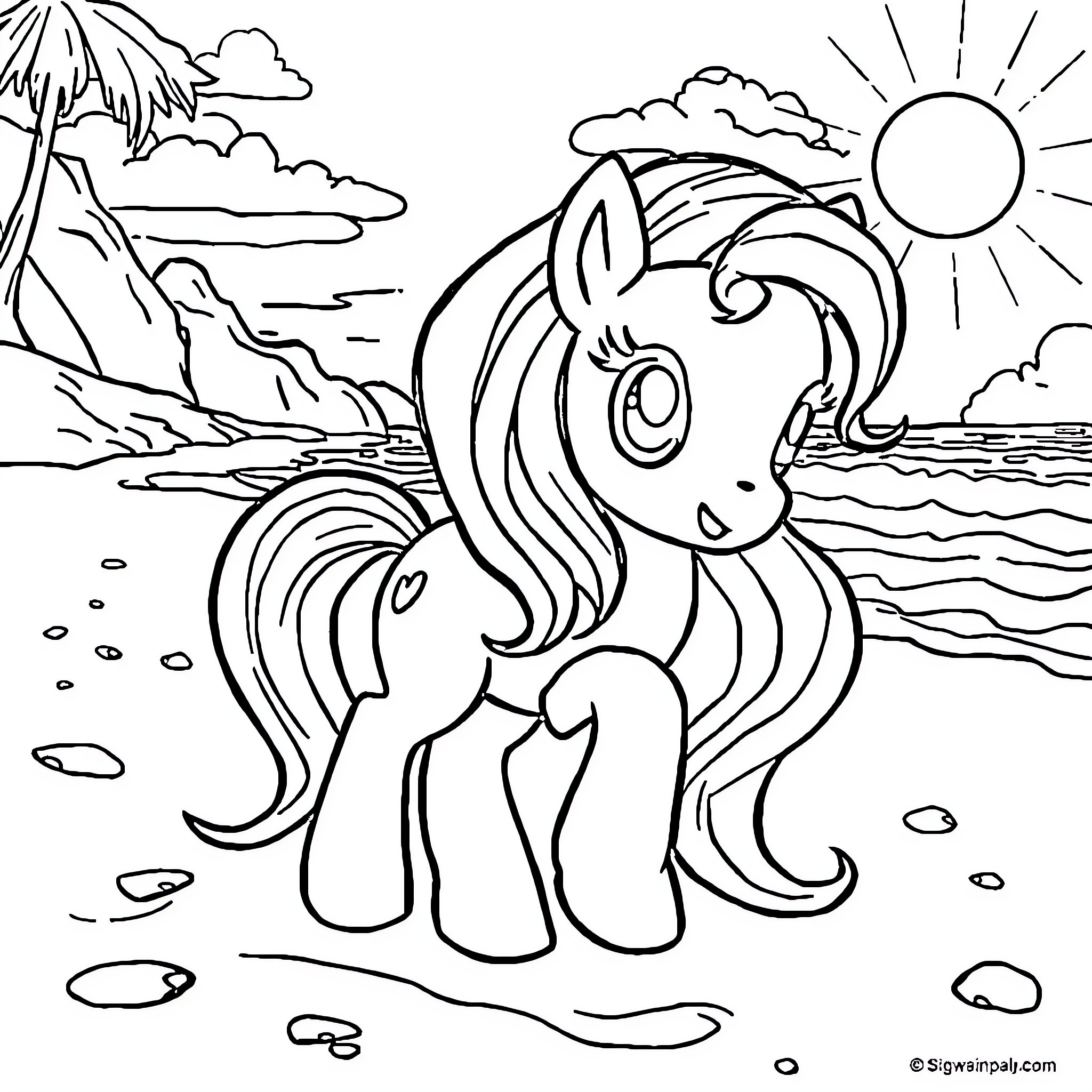 Pony enjoying the beach scenery Coloring Page (free black-and-white line drawing printable PDF for all, from beginners to advanced learners, including children, teens, adults, and seniors)