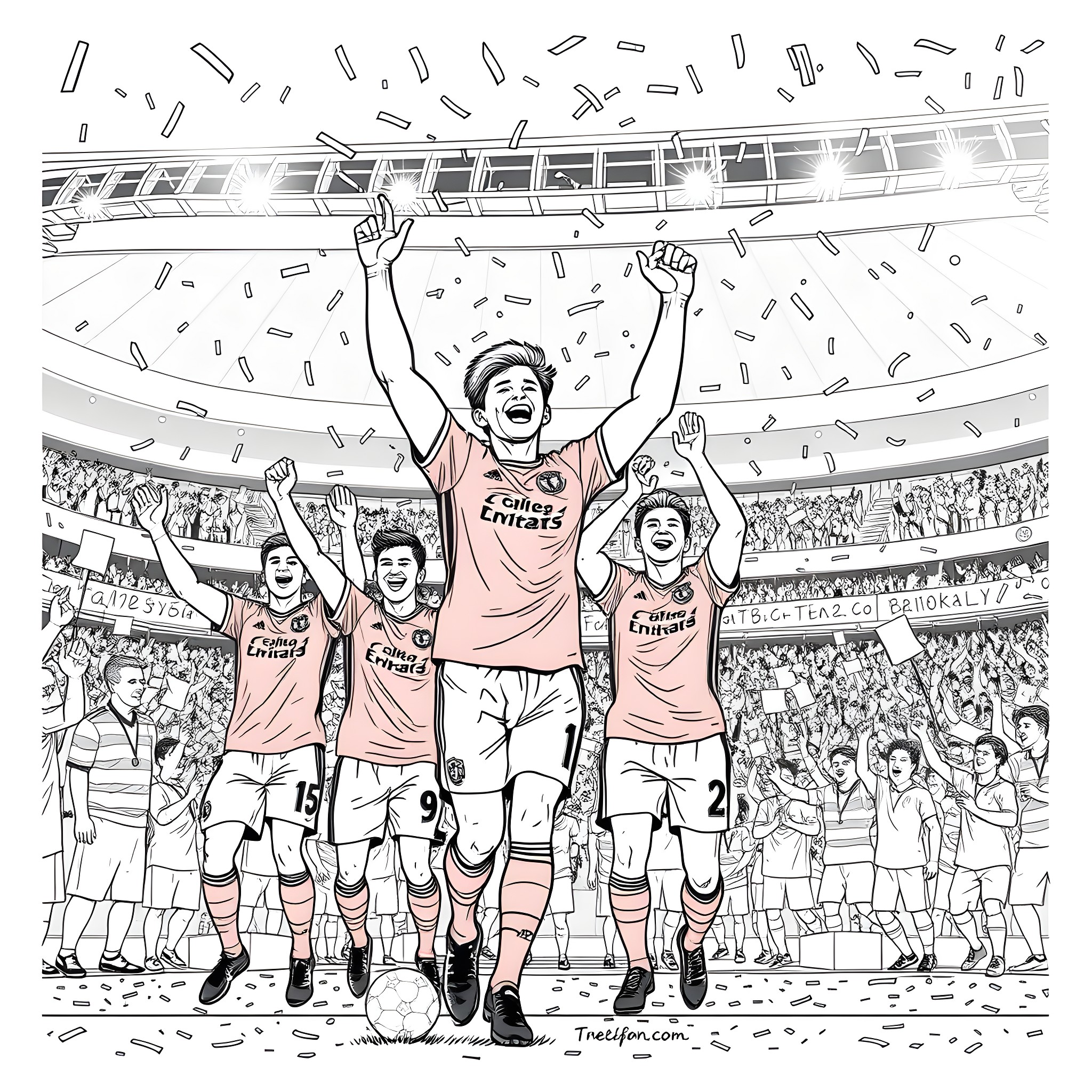 James Trafford and teammates celebrate victory on the pitch Coloring Page (free black-and-white line drawing printable PDF for all, from beginners to advanced learners, including children, teens, adults, and seniors)