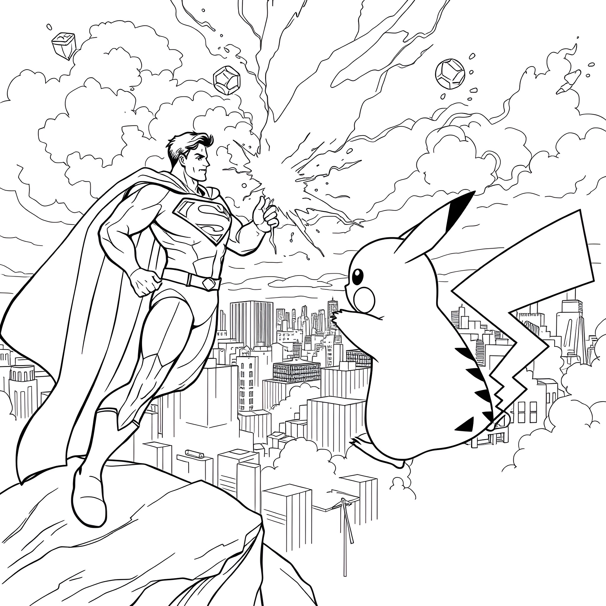 Pikachu and Superman saving the city Coloring Page (free black-and-white line drawing printable PDF for all, from beginners to advanced learners, including children, teens, adults, and seniors)