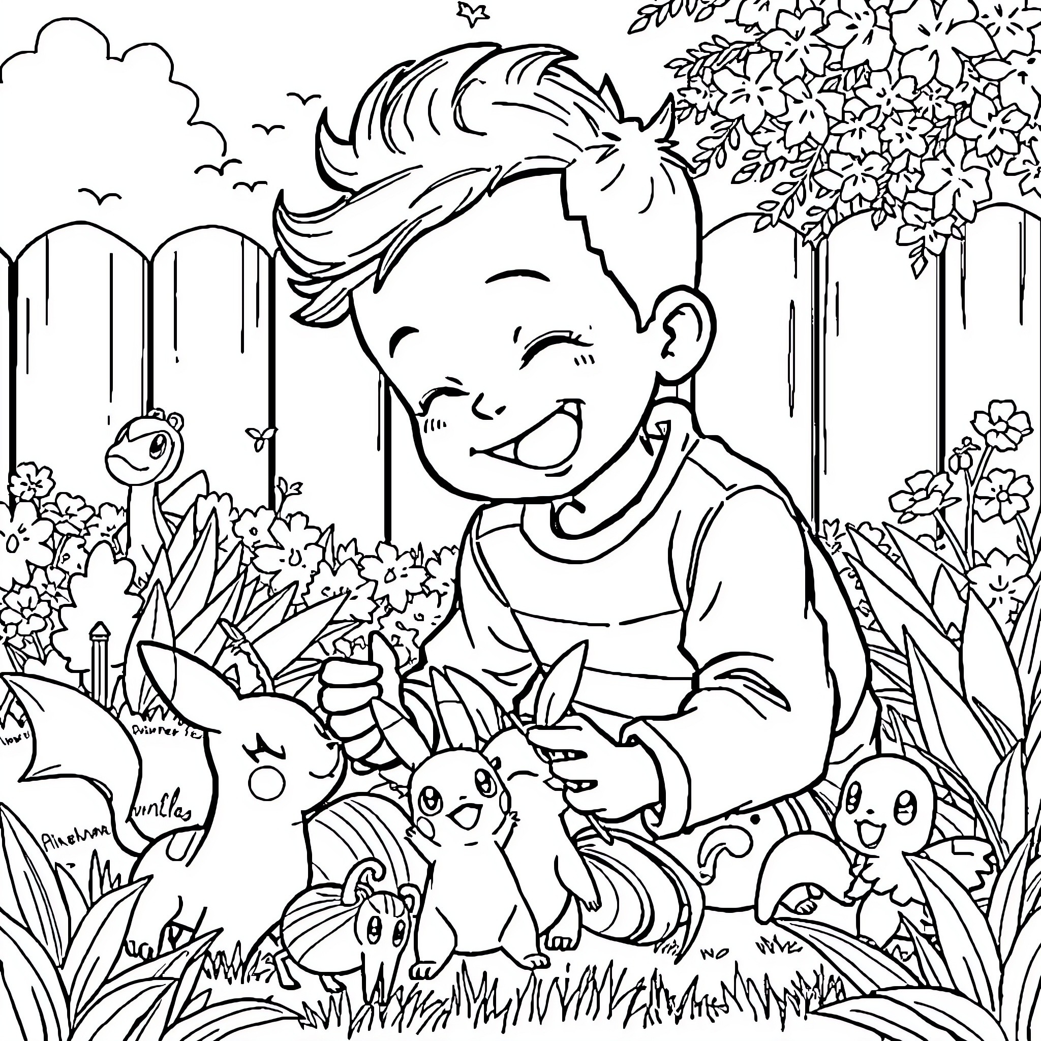 Child playing joyfully with animals in nature Coloring Page (free black-and-white line drawing printable PDF for all, from beginners to advanced learners, including children, teens, adults, and seniors)
