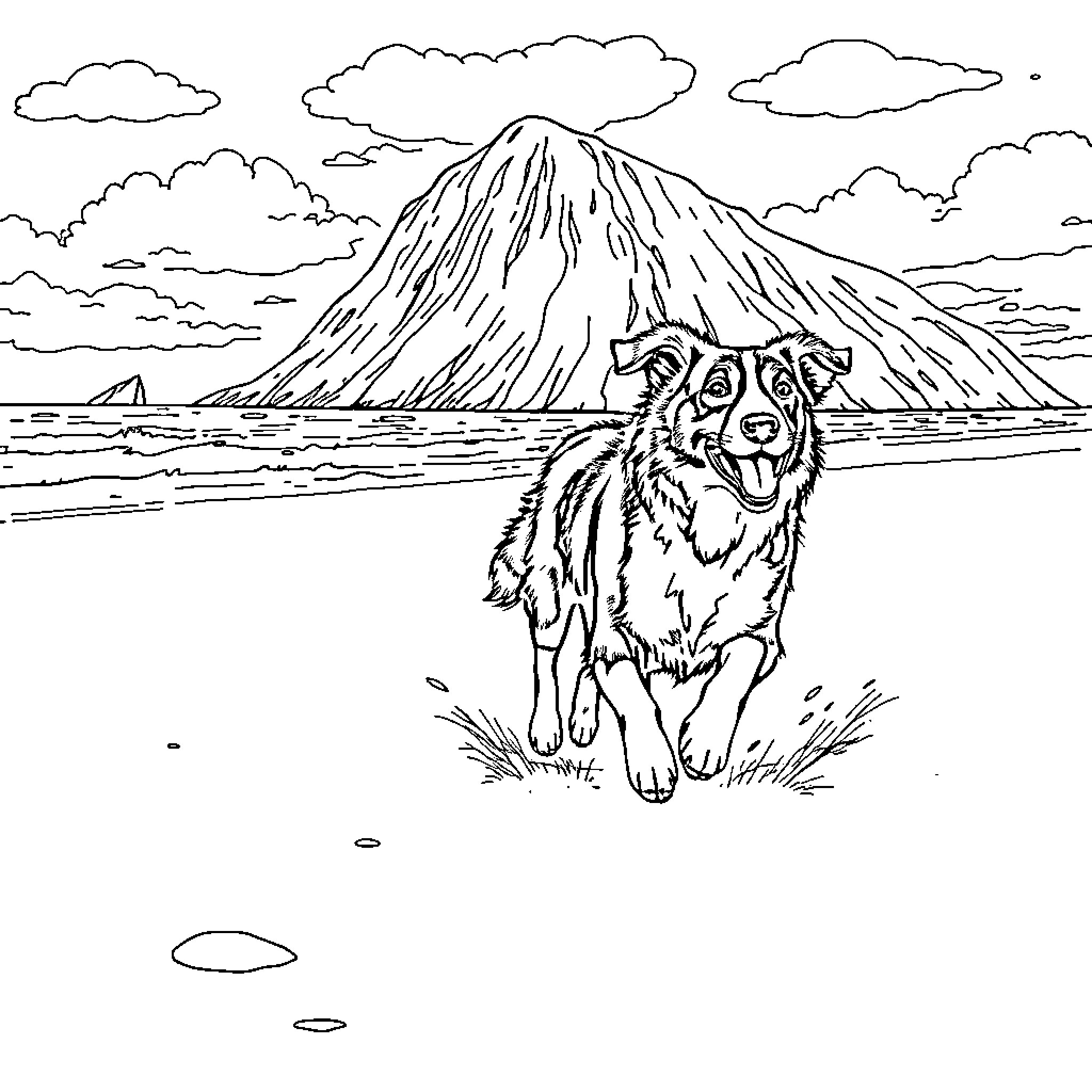 Border Collie enjoying the scenic mountain view Coloring Page (free black-and-white line drawing printable PDF for all, from beginners to advanced learners, including children, teens, adults, and seniors)
