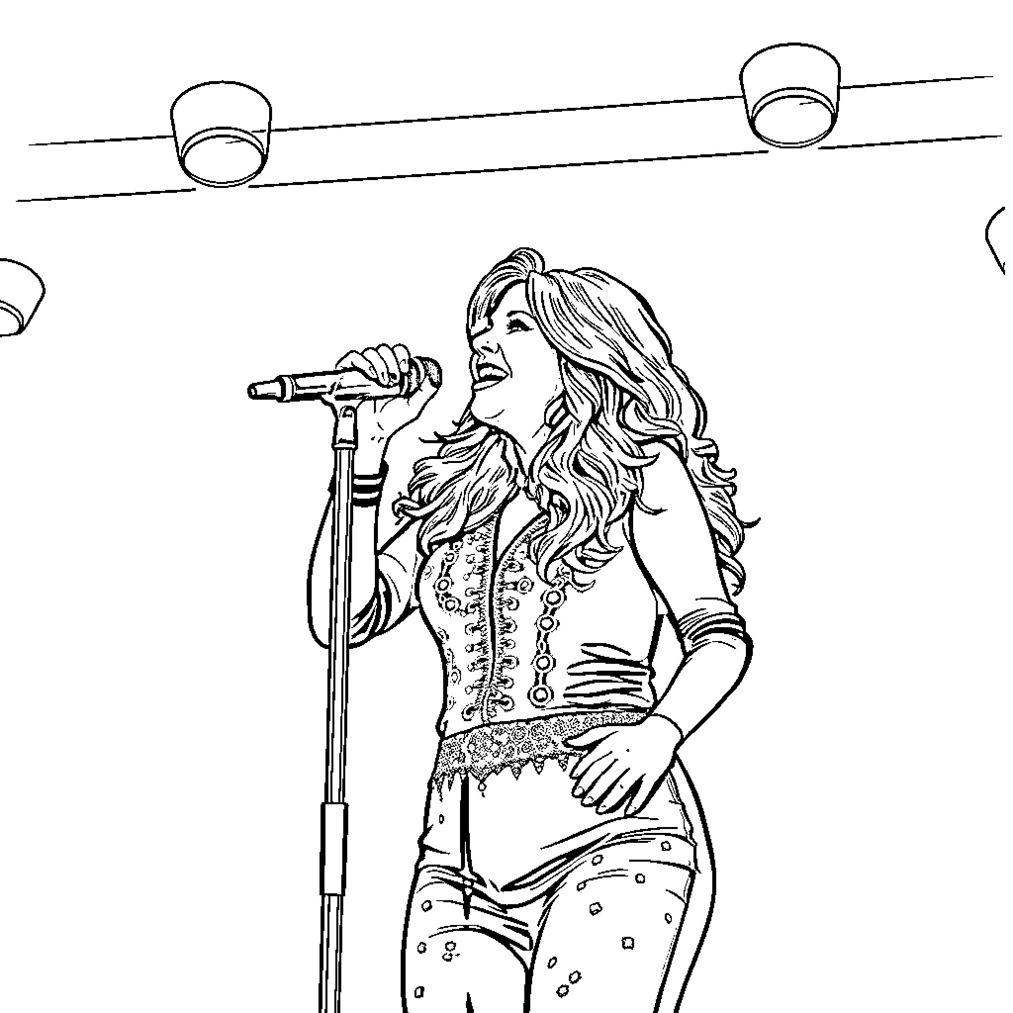 Shania Twain performing on stage in a concert Coloring Page (free black-and-white line drawing printable PDF for all, from beginners to advanced learners, including children, teens, adults, and seniors)