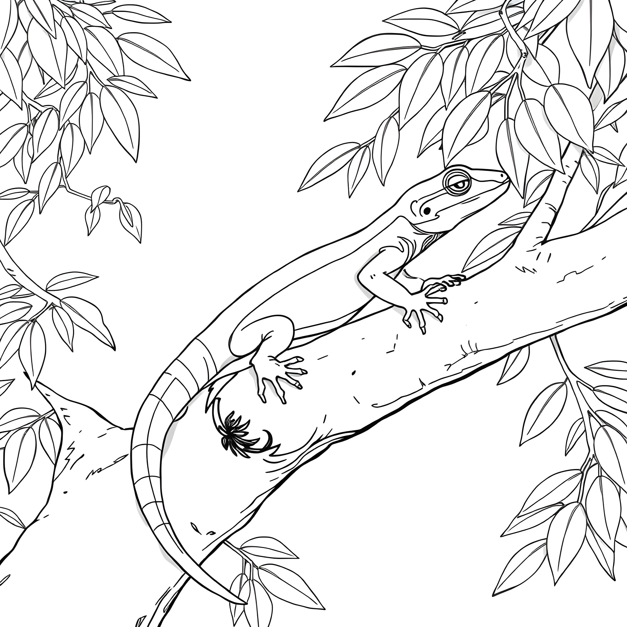 Emerald Tree Skink exploring the foliage Coloring Page (free black-and-white line drawing printable PDF for all, from beginners to advanced learners, including children, teens, adults, and seniors)