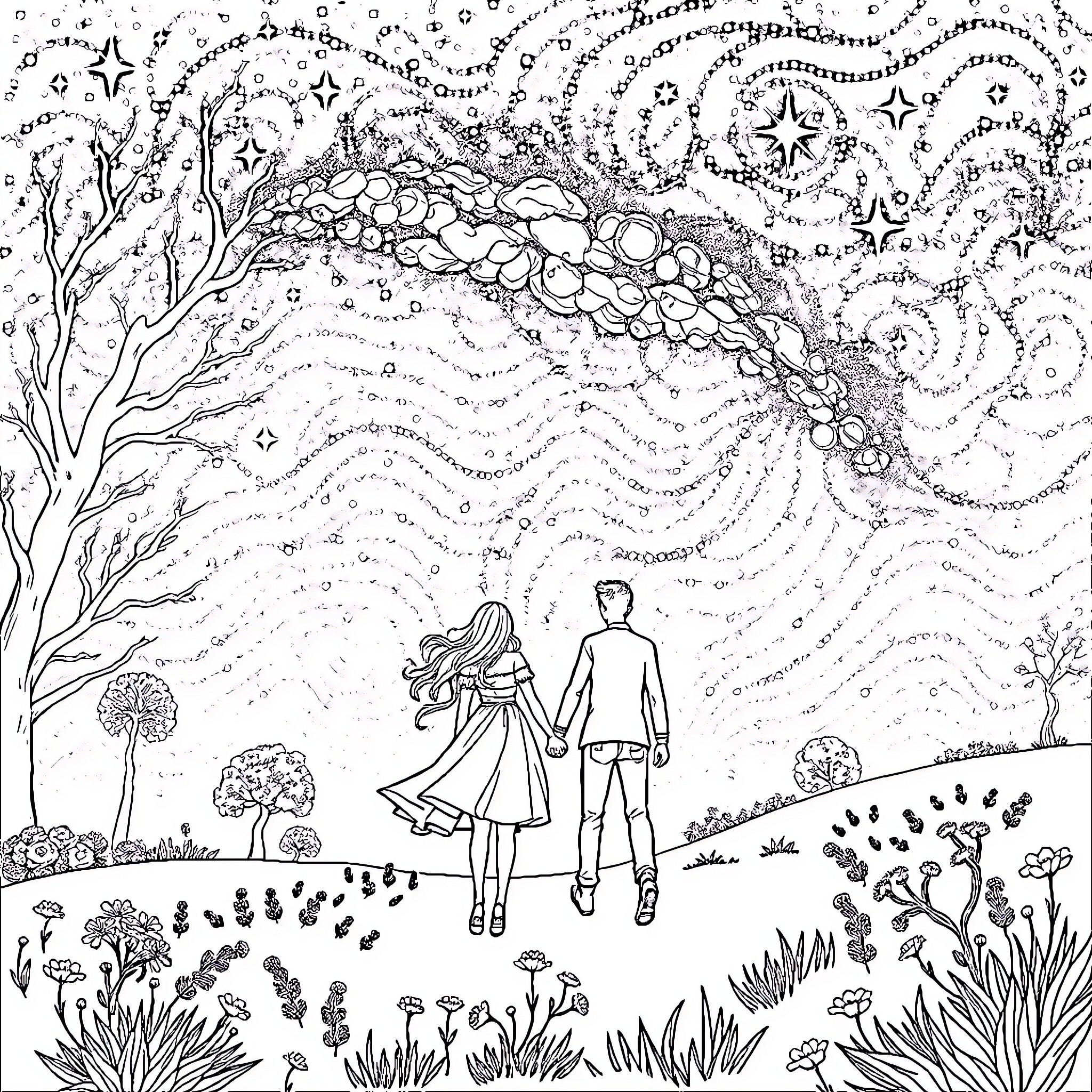 Lovers wandering through a whimsical dreamscape Coloring Page (free black-and-white line drawing printable PDF for all, from beginners to advanced learners, including children, teens, adults, and seniors)