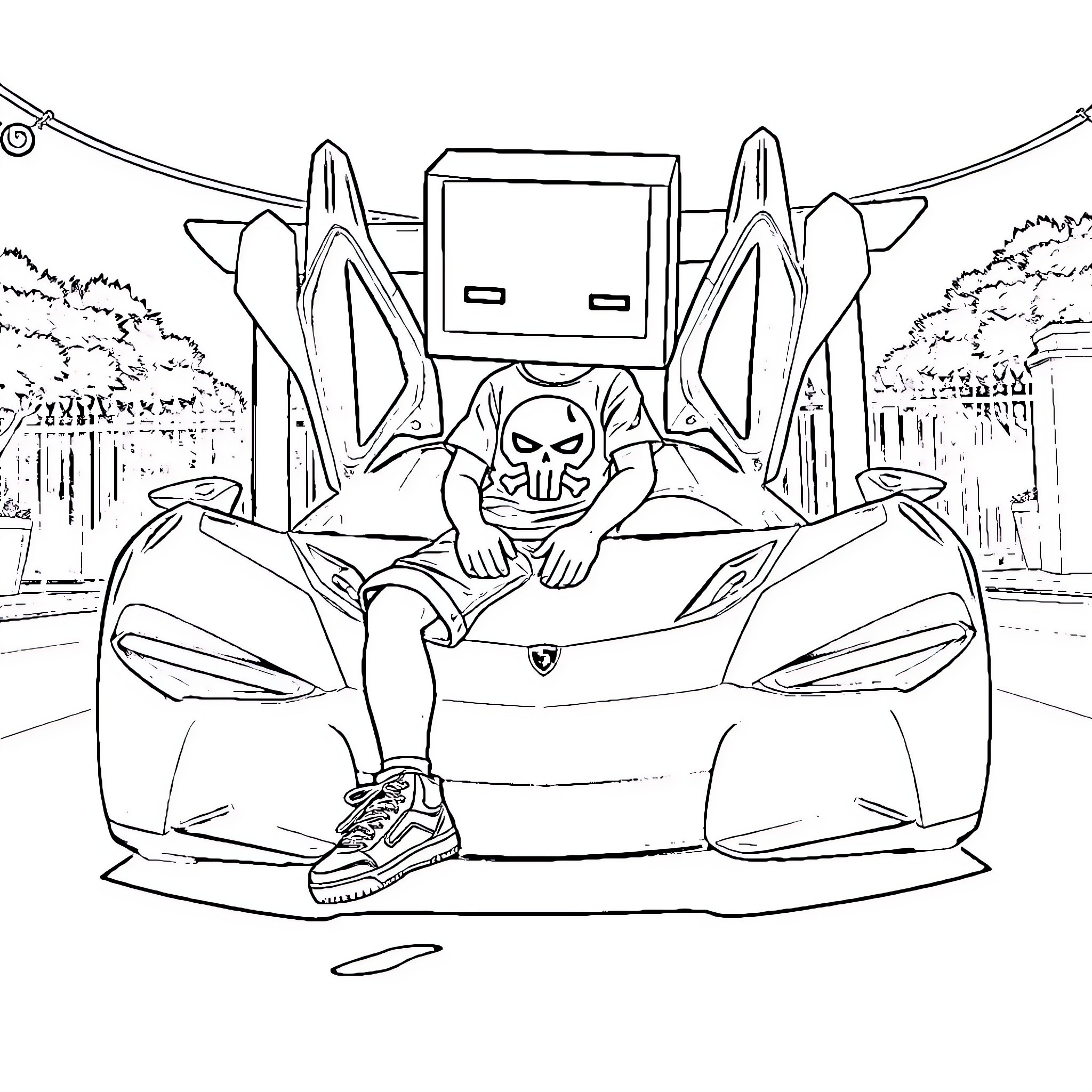 Character riding mysterious vehicle in dystopian landscape Coloring Page (free black-and-white line drawing printable PDF for all, from beginners to advanced learners, including children, teens, adults, and seniors)