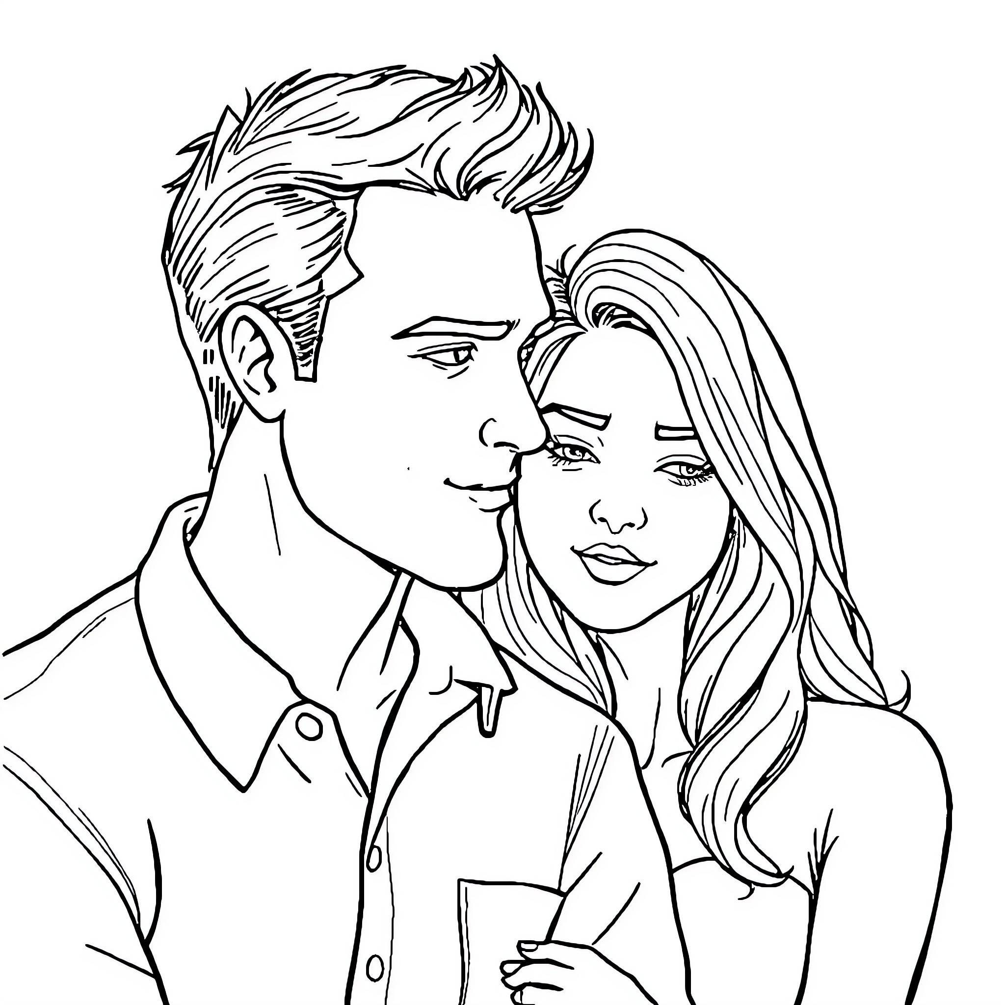 Couple embracing in affectionate moment Coloring Page (free black-and-white line drawing printable PDF for all, from beginners to advanced learners, including children, teens, adults, and seniors)