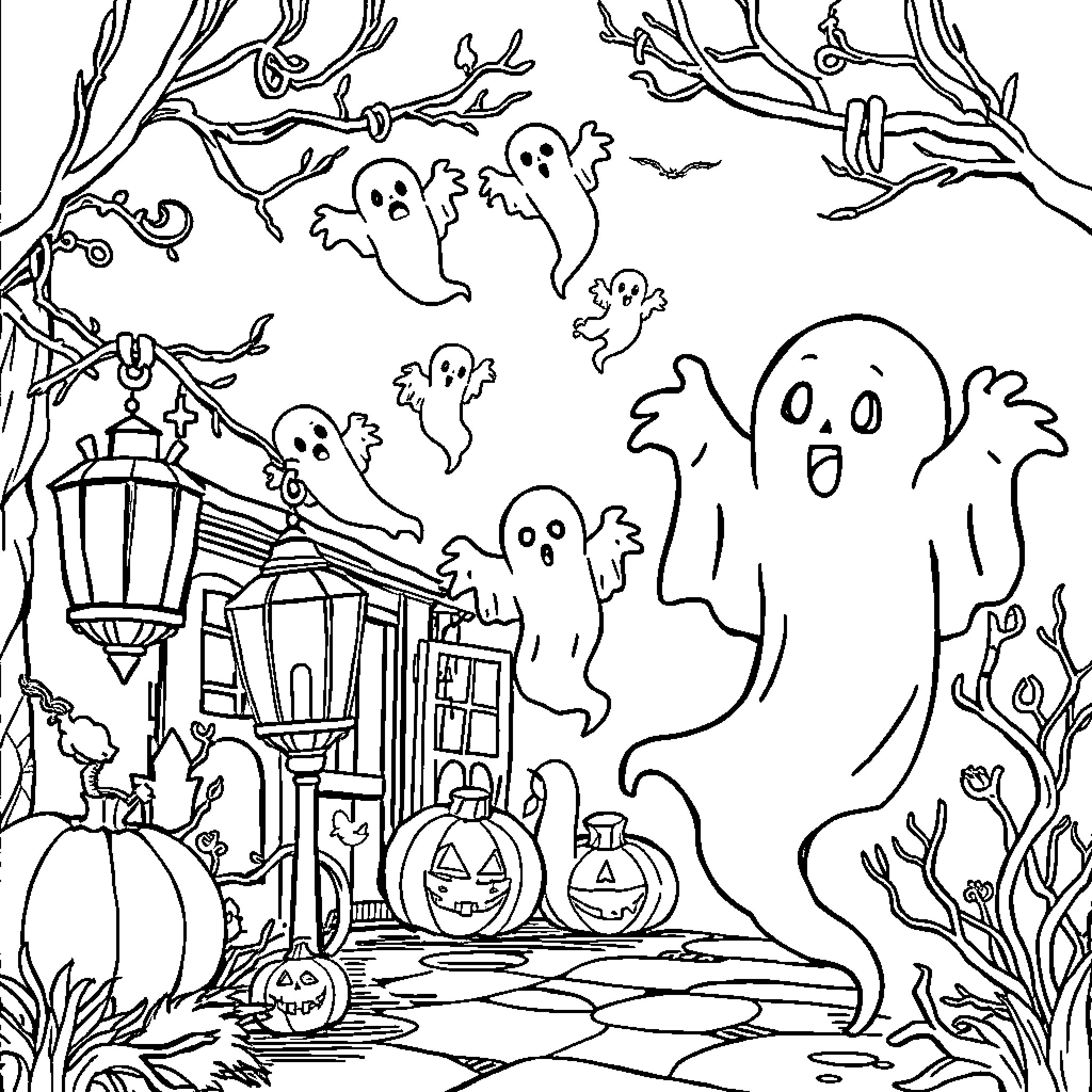 Halloween ghosts and haunted house scene Coloring Page (free black-and-white line drawing printable PDF for all, from beginners to advanced learners, including children, teens, adults, and seniors)