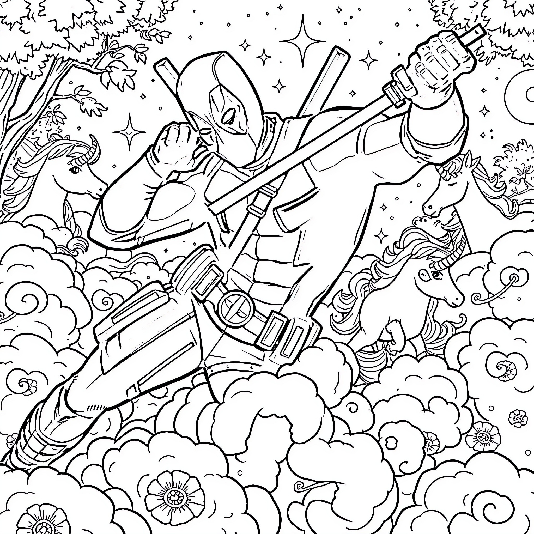 Deadpool's Heroic Antics in a Fantastical Landscape Coloring Page (free black-and-white line drawing printable PDF for all, from beginners to advanced learners, including children, teens, adults, and seniors)