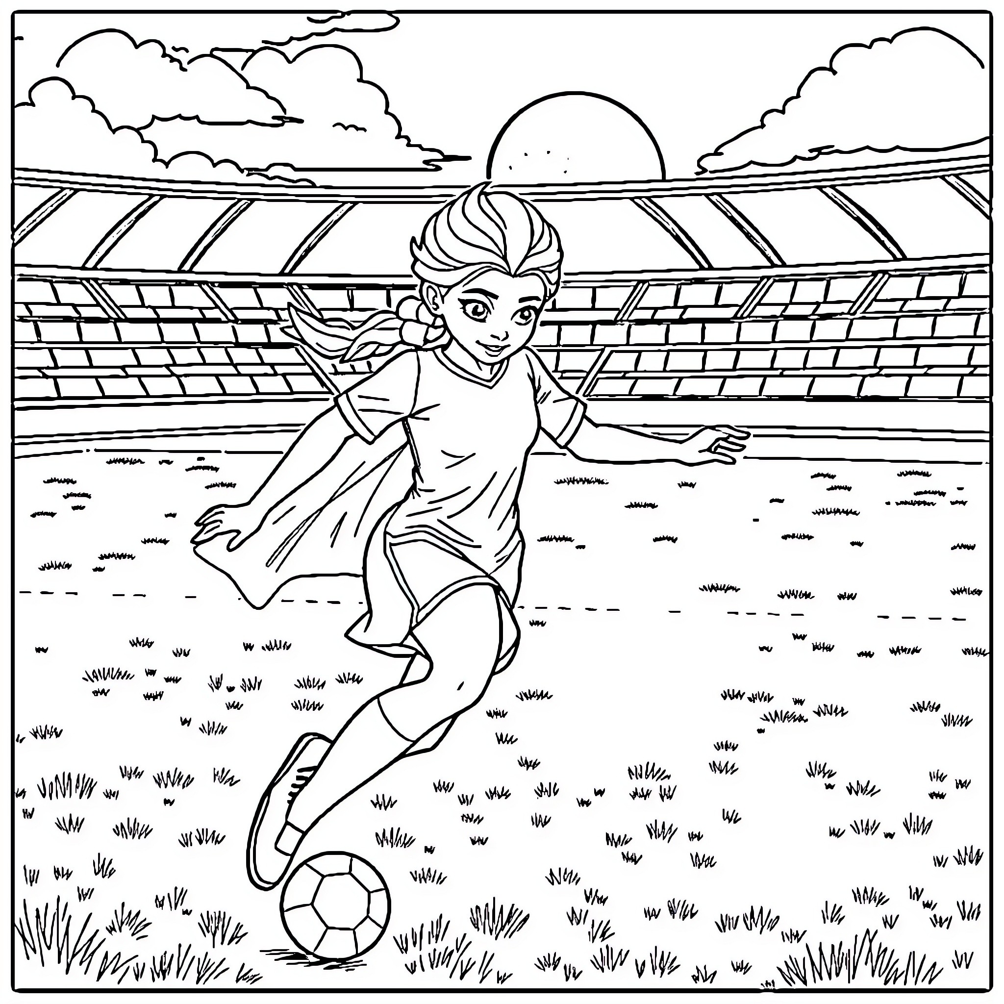 Queen Elsa enjoying a soccer game outdoors Coloring Page (free black-and-white line drawing printable PDF for all, from beginners to advanced learners, including children, teens, adults, and seniors)