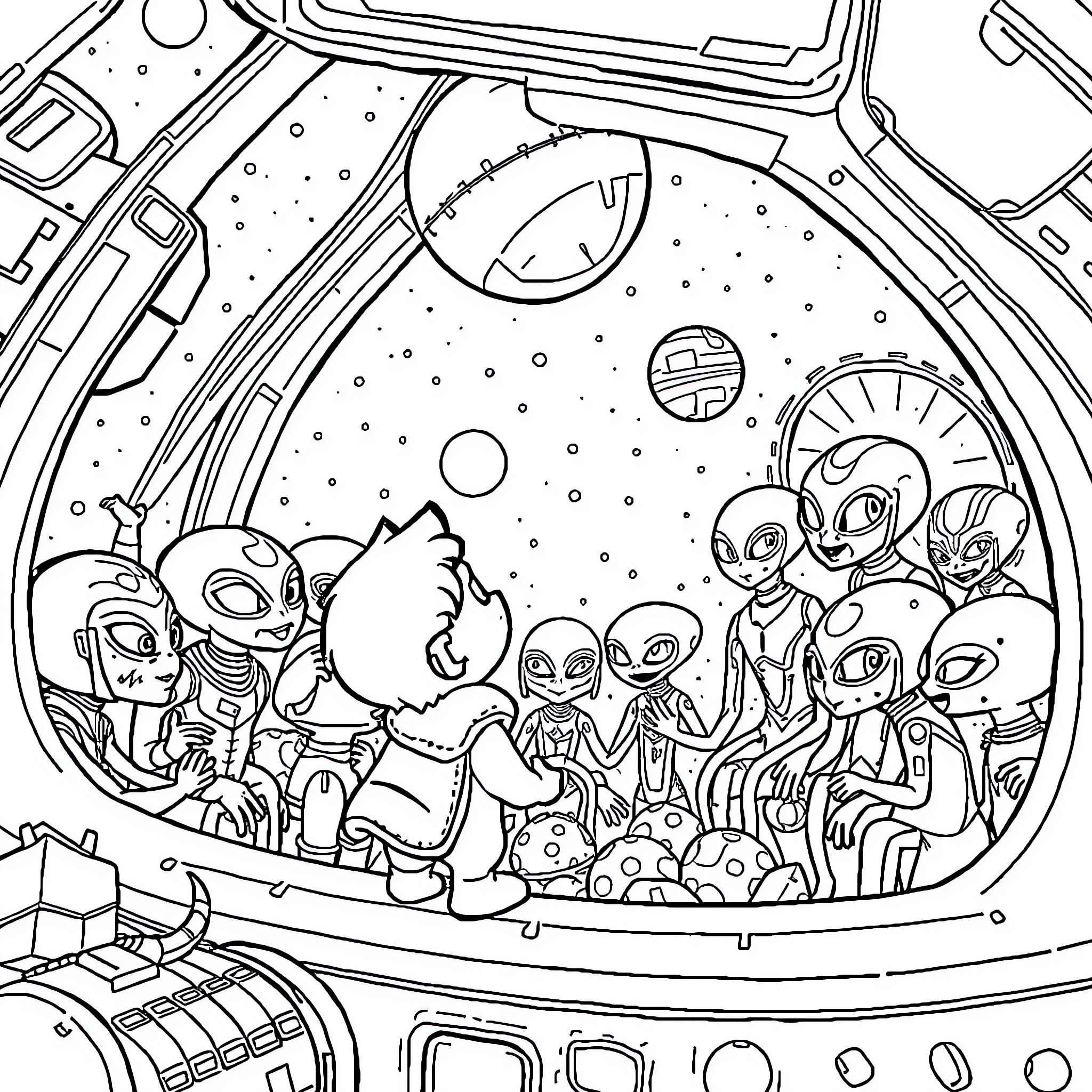Casimir's Space Adventure with Alien Friends Coloring Page (free black-and-white line drawing printable PDF for all, from beginners to advanced learners, including children, teens, adults, and seniors)