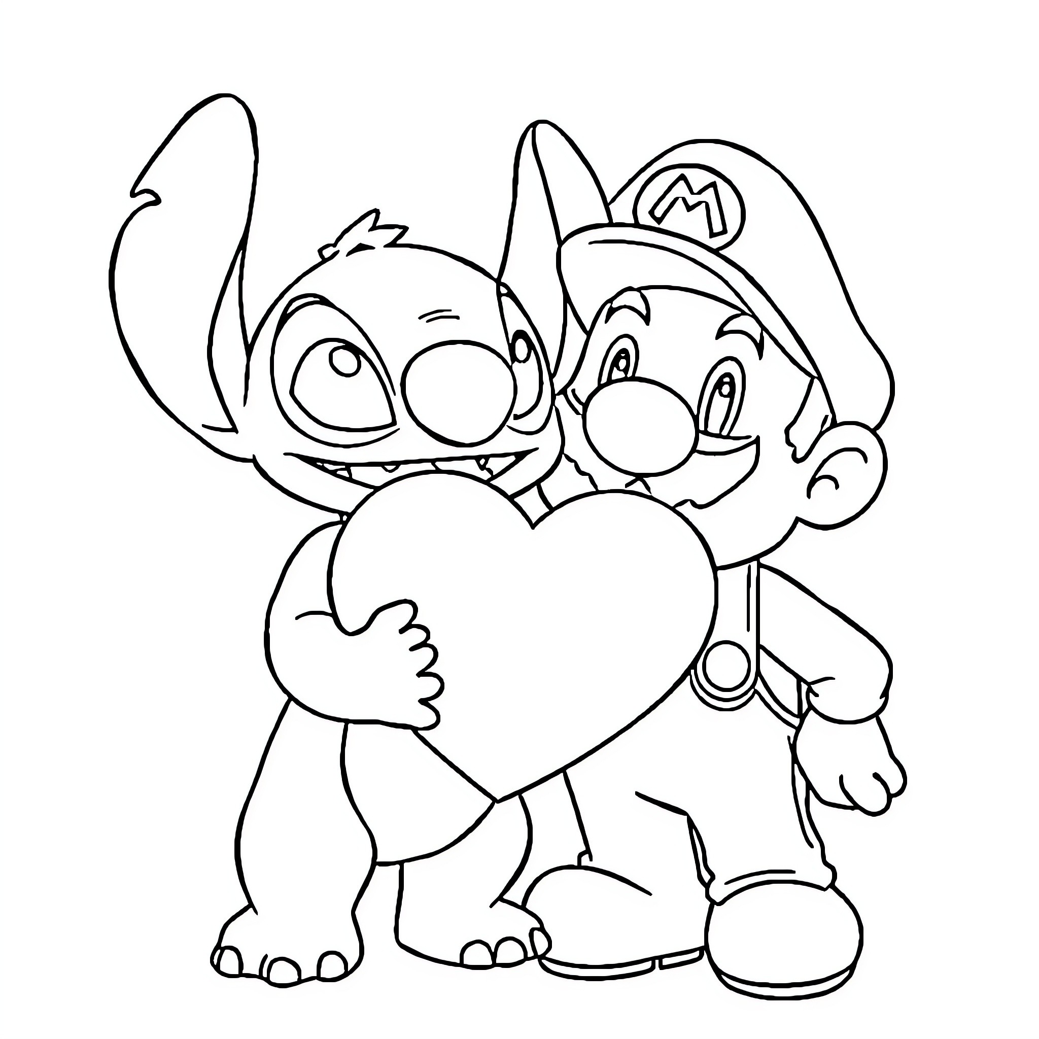 Stitch and Mario Embrace Heartfelt Moment Coloring Page (free black-and-white line drawing printable PDF for all, from beginners to advanced learners, including children, teens, adults, and seniors)