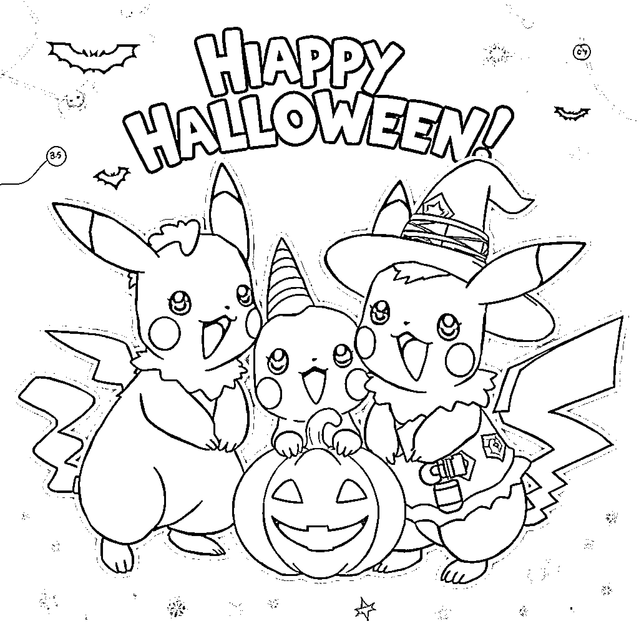 Pokémon Halloween Celebration with Pikachu and Friends Coloring Page (free black-and-white line drawing printable PDF for all, from beginners to advanced learners, including children, teens, adults, and seniors)