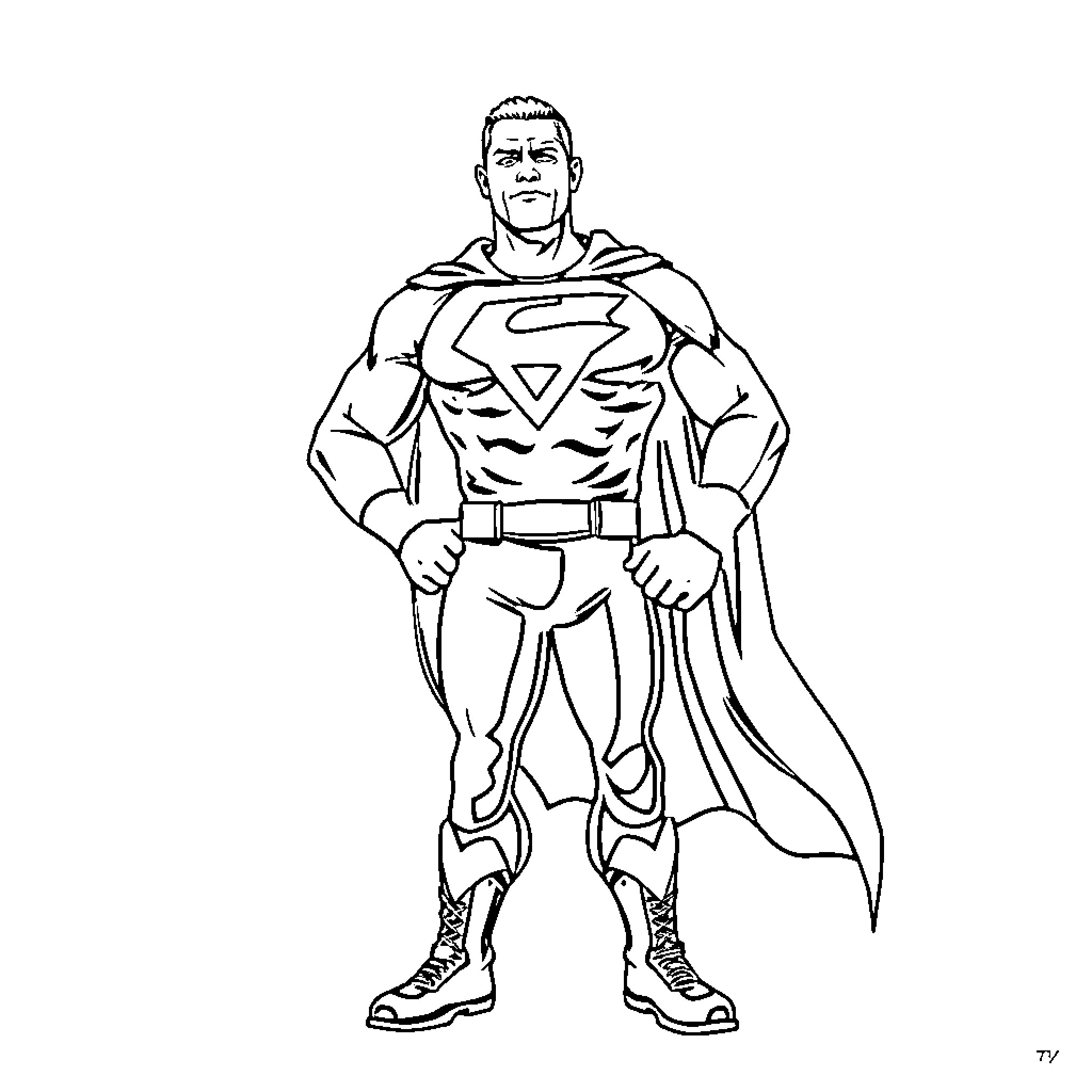 John Cena as Heroic Superhero in Costume Coloring Page (free black-and-white line drawing printable PDF for all, from beginners to advanced learners, including children, teens, adults, and seniors)