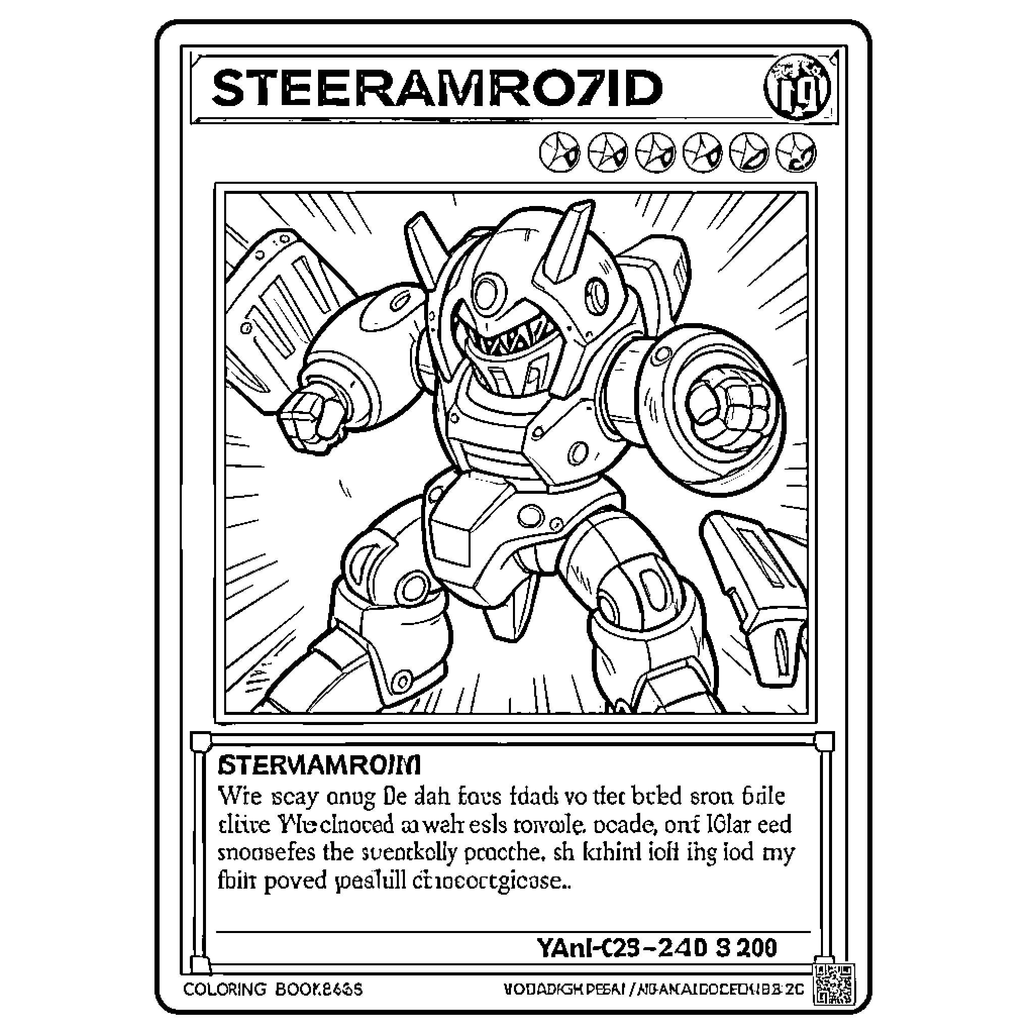Steamroid posing powerfully inside a trading card frame Coloring Page (free black-and-white line drawing printable PDF for all, from beginners to advanced learners, including children, teens, adults, and seniors)