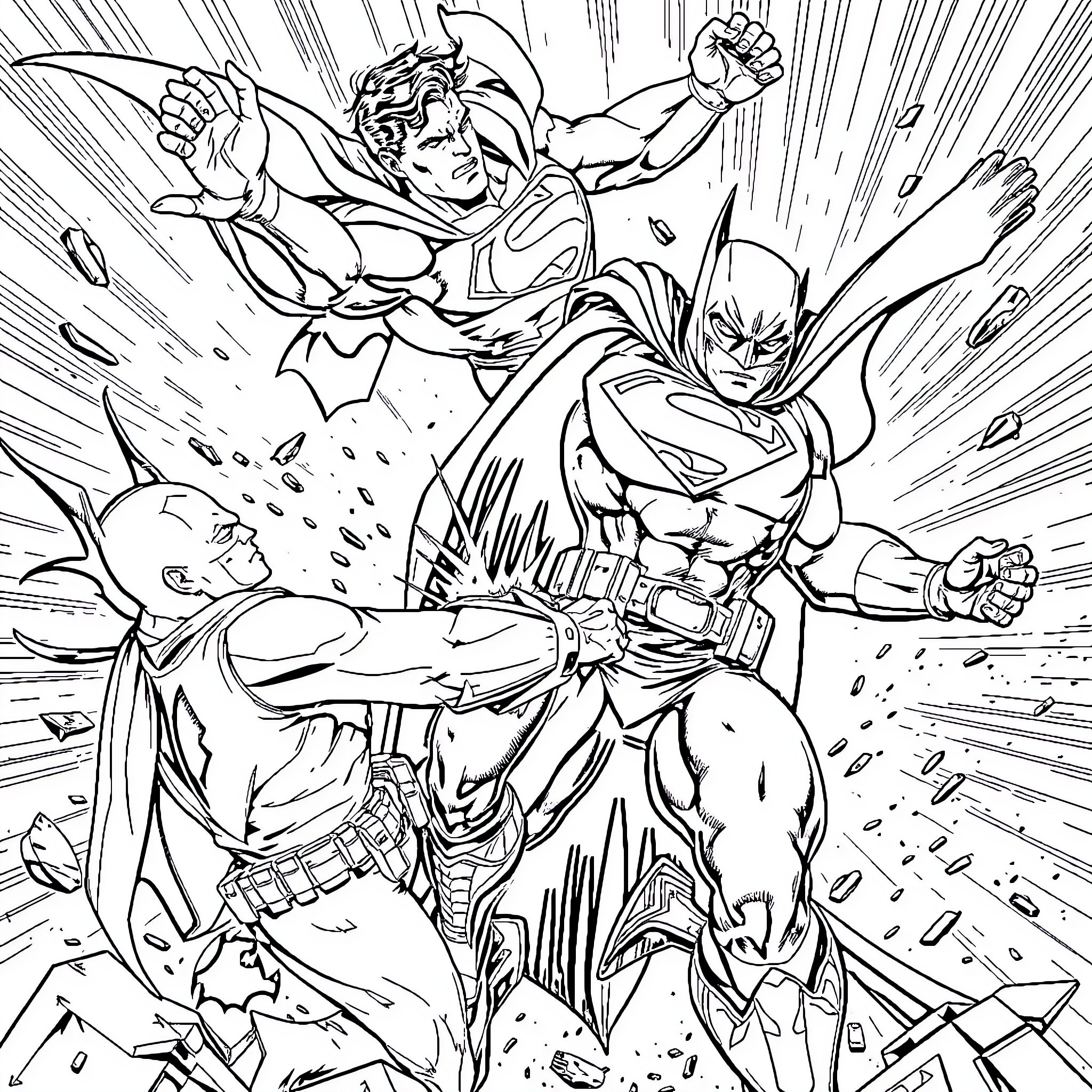 Superman and heroes in epic battle Coloring Page (free black-and-white line drawing printable PDF for all, from beginners to advanced learners, including children, teens, adults, and seniors)